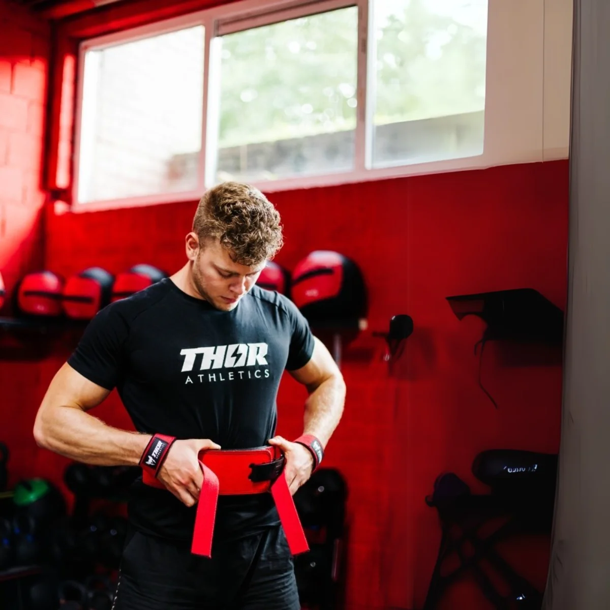 Un homme portant un t-shirt noir Thor Athletics attache une ceinture de musculation rouge.