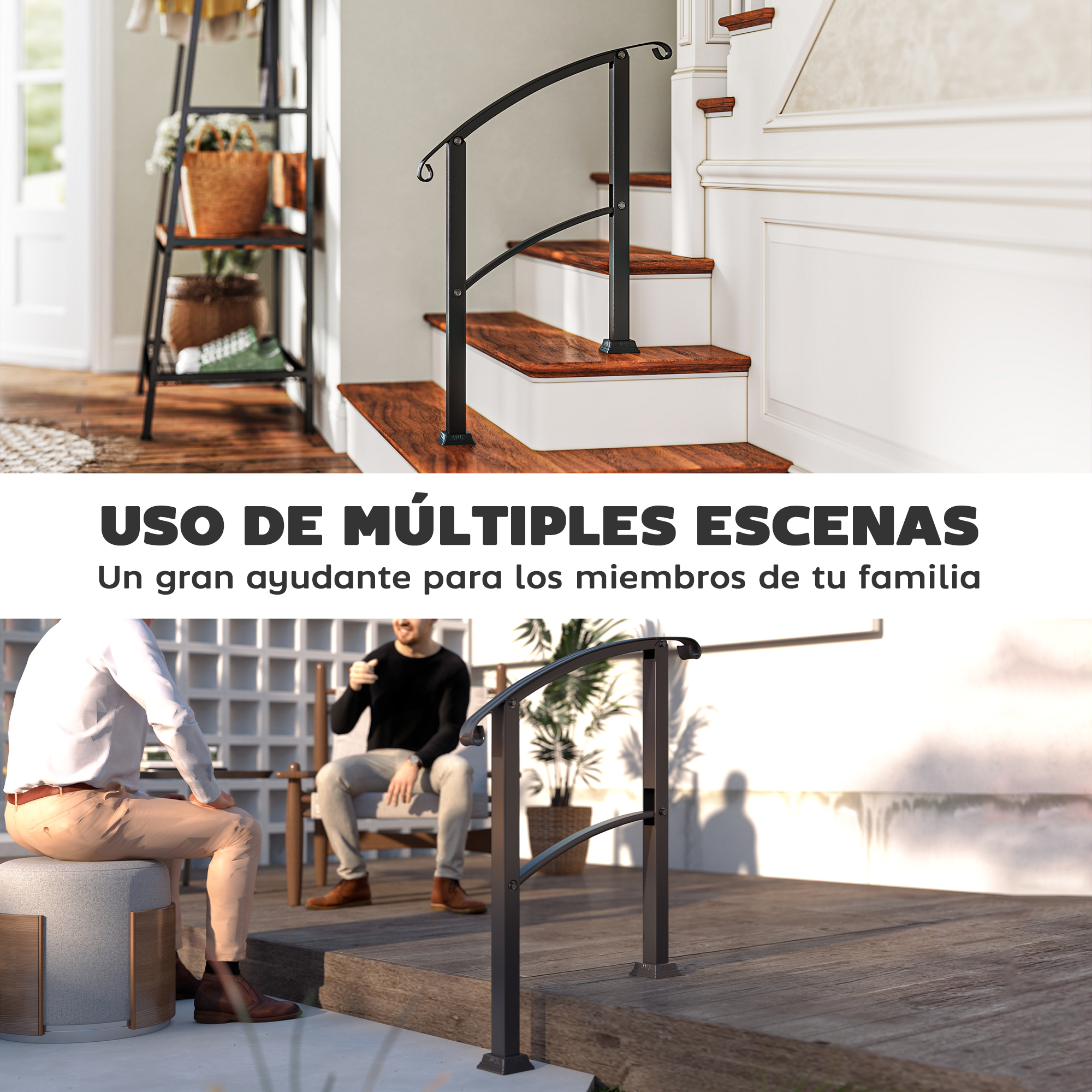 Una barandilla negra en escalones de madera y un patio con asientos.