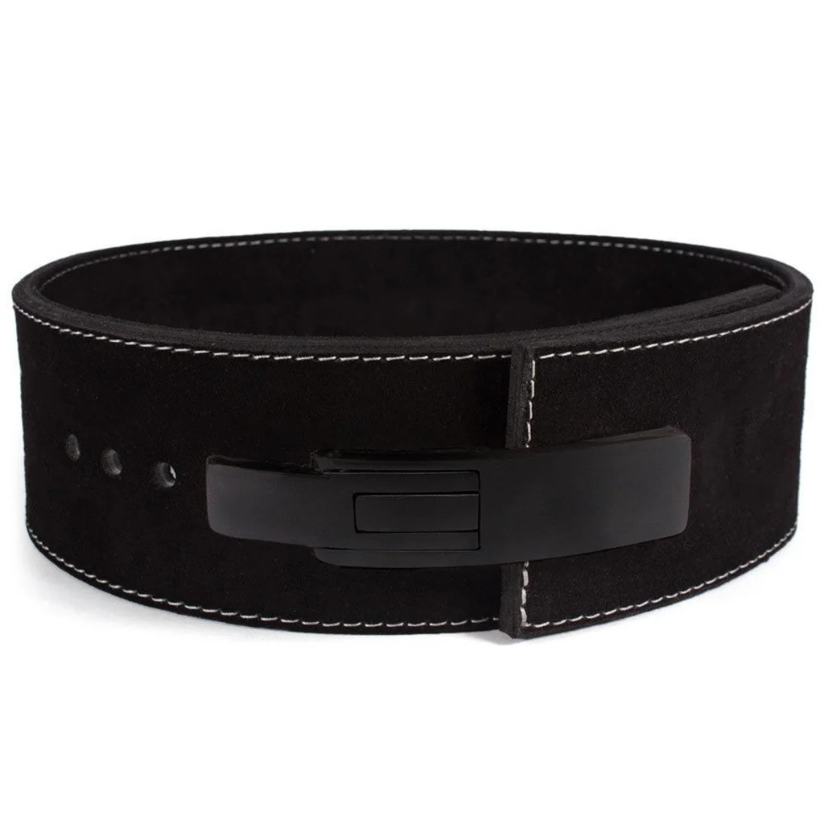 Ceinture noire en daim avec surpiqûres blanches et boucle noire.