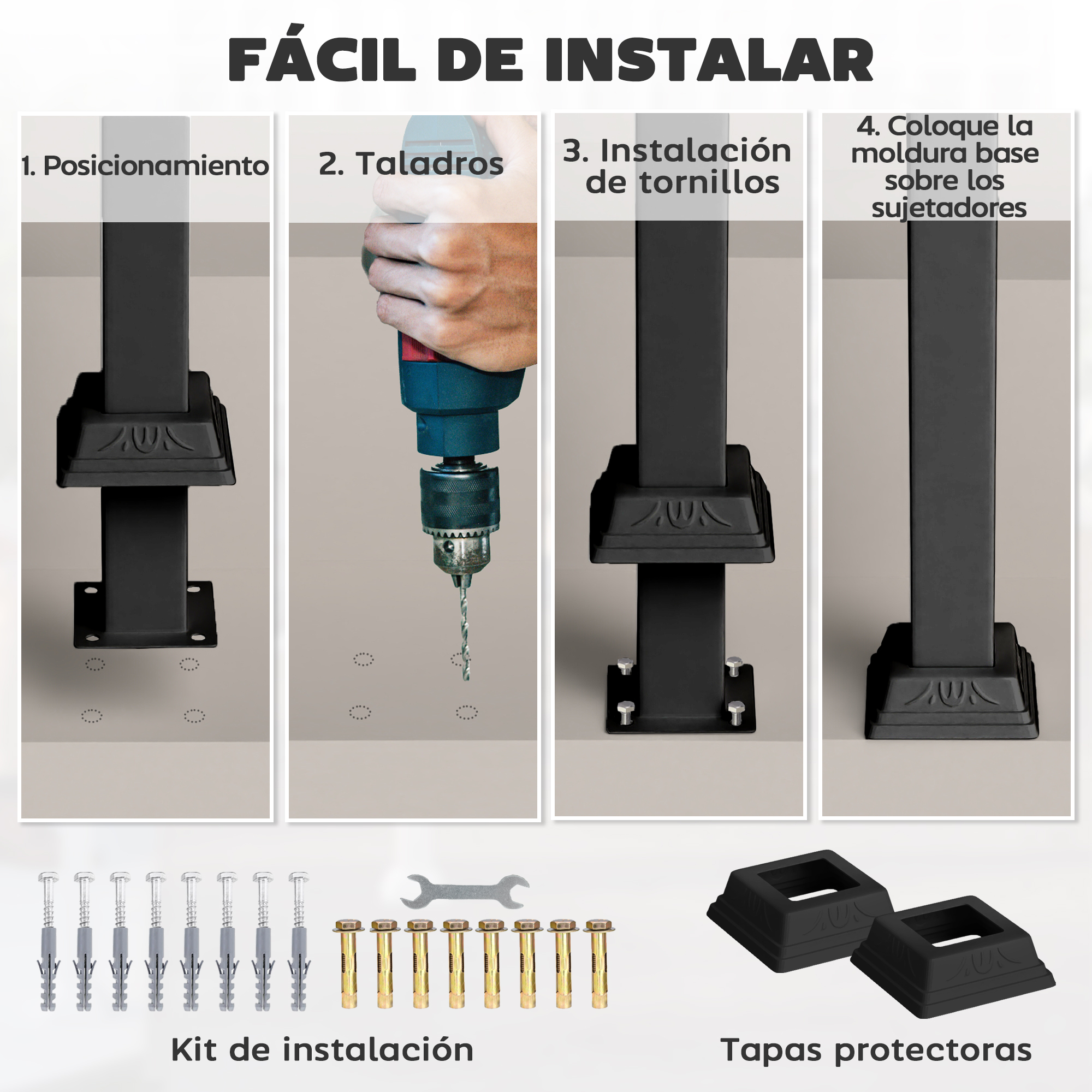 Guía paso a paso para montar una base de poste con herramientas y accesorios.