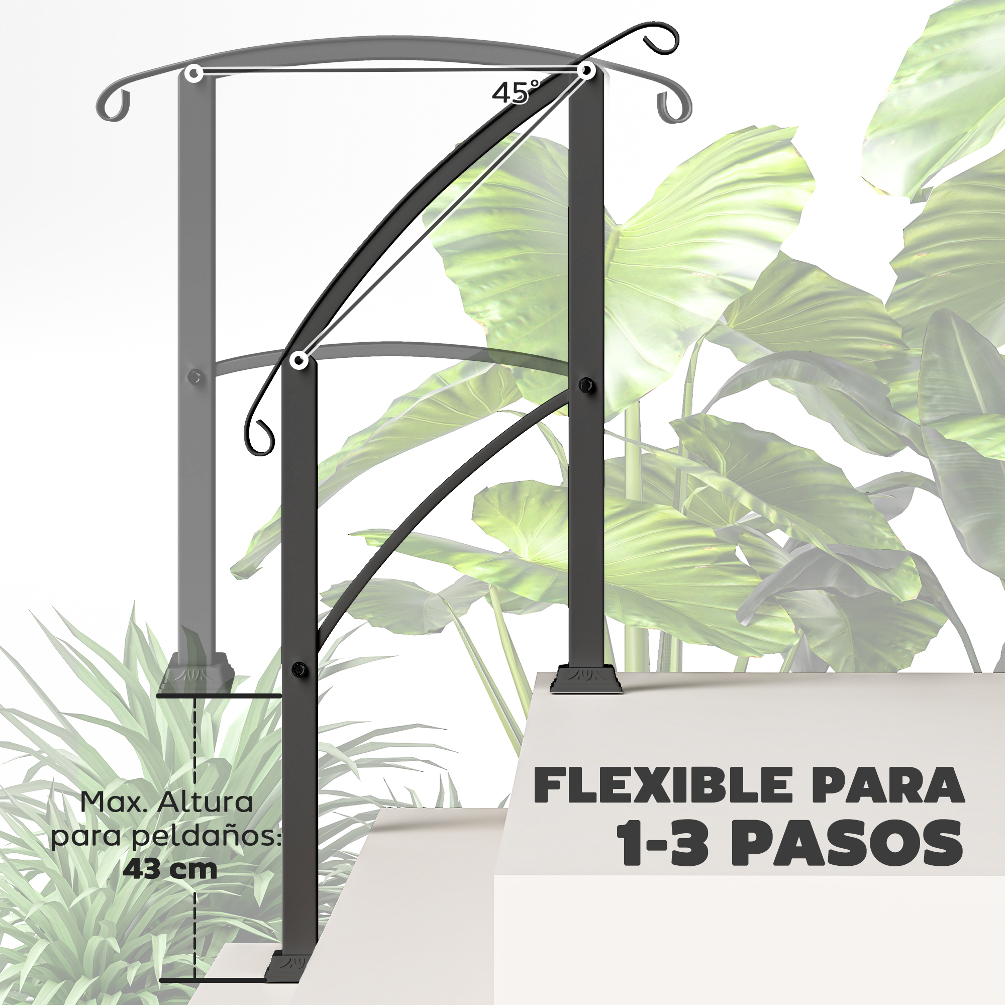 Barandilla gris para 1-3 escalones, altura máx. 43 cm. Con plantas al fondo.