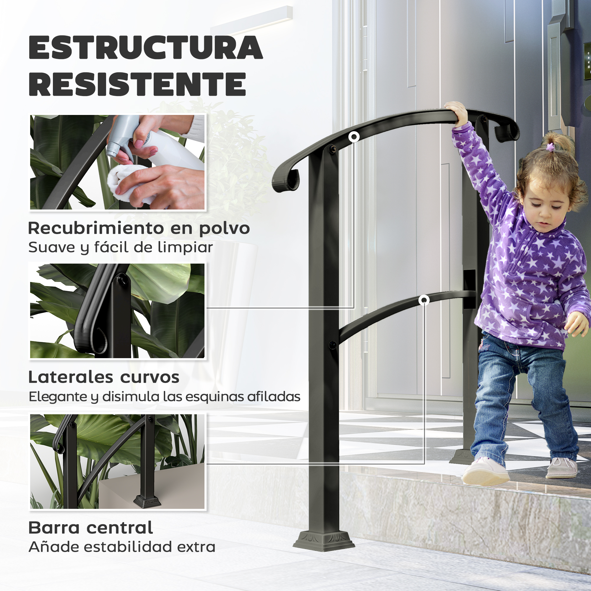 Una niña pequeña se agarra a un pasamanos negro junto a una escalera.