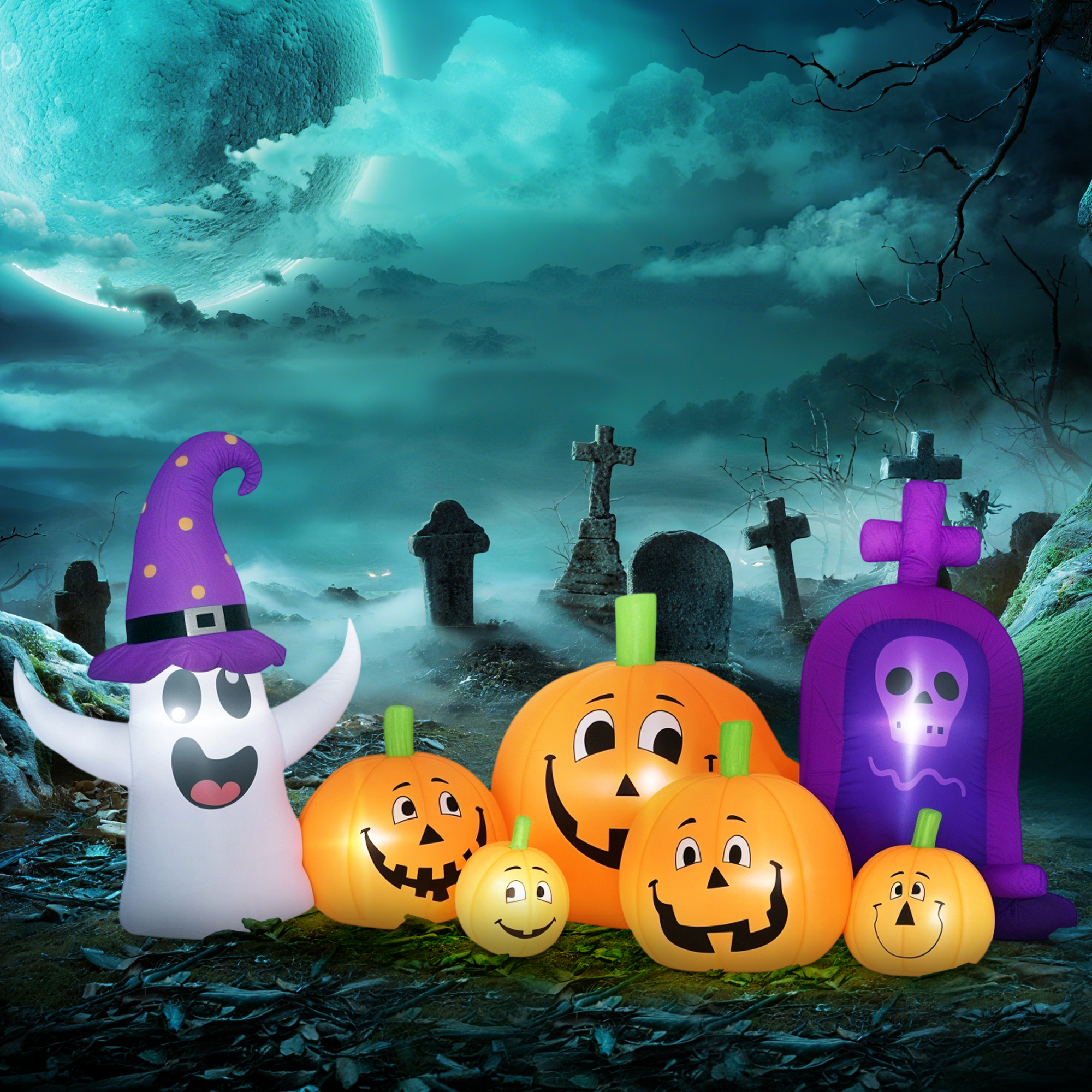 Decoraciones inflables de Halloween: fantasma con sombrero, calabazas y lápida en cementerio.