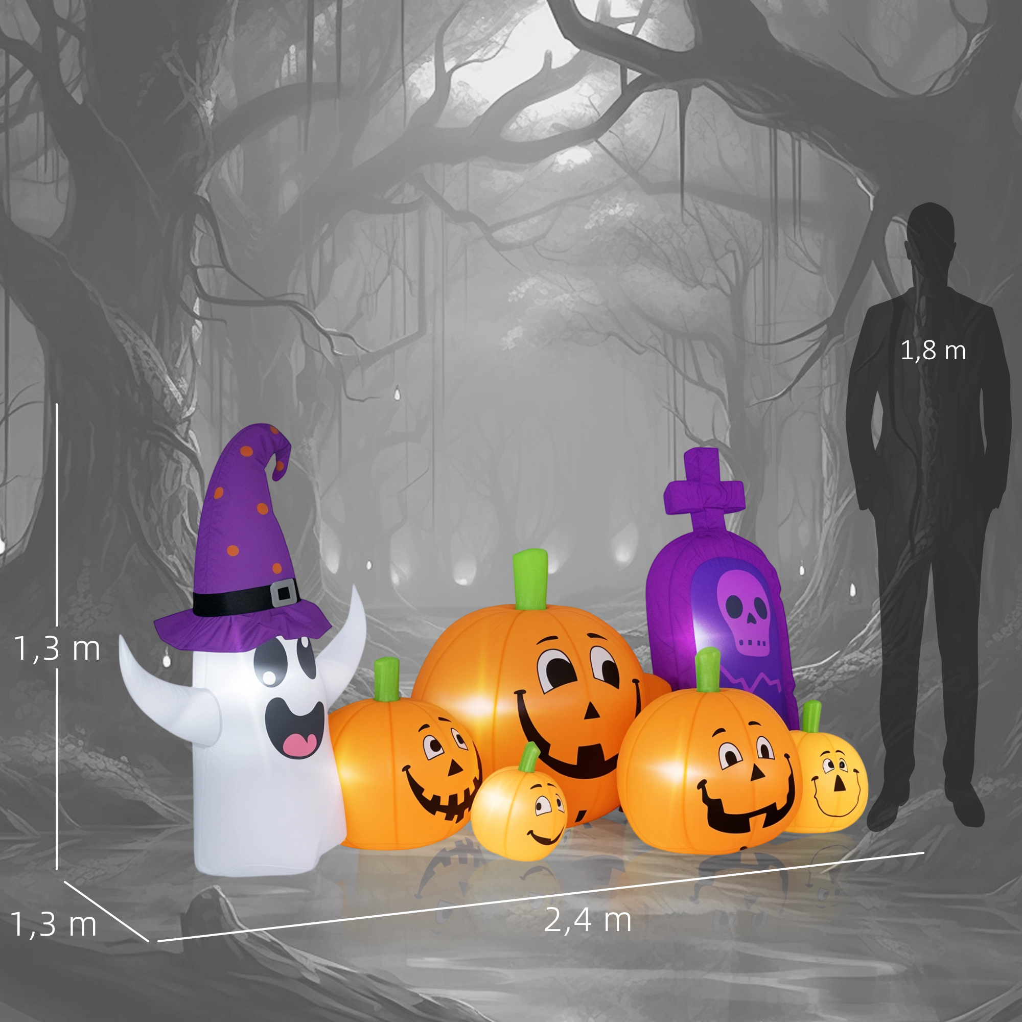 Decoración inflable de Halloween: fantasma con sombrero de bruja, calabazas, lápida.