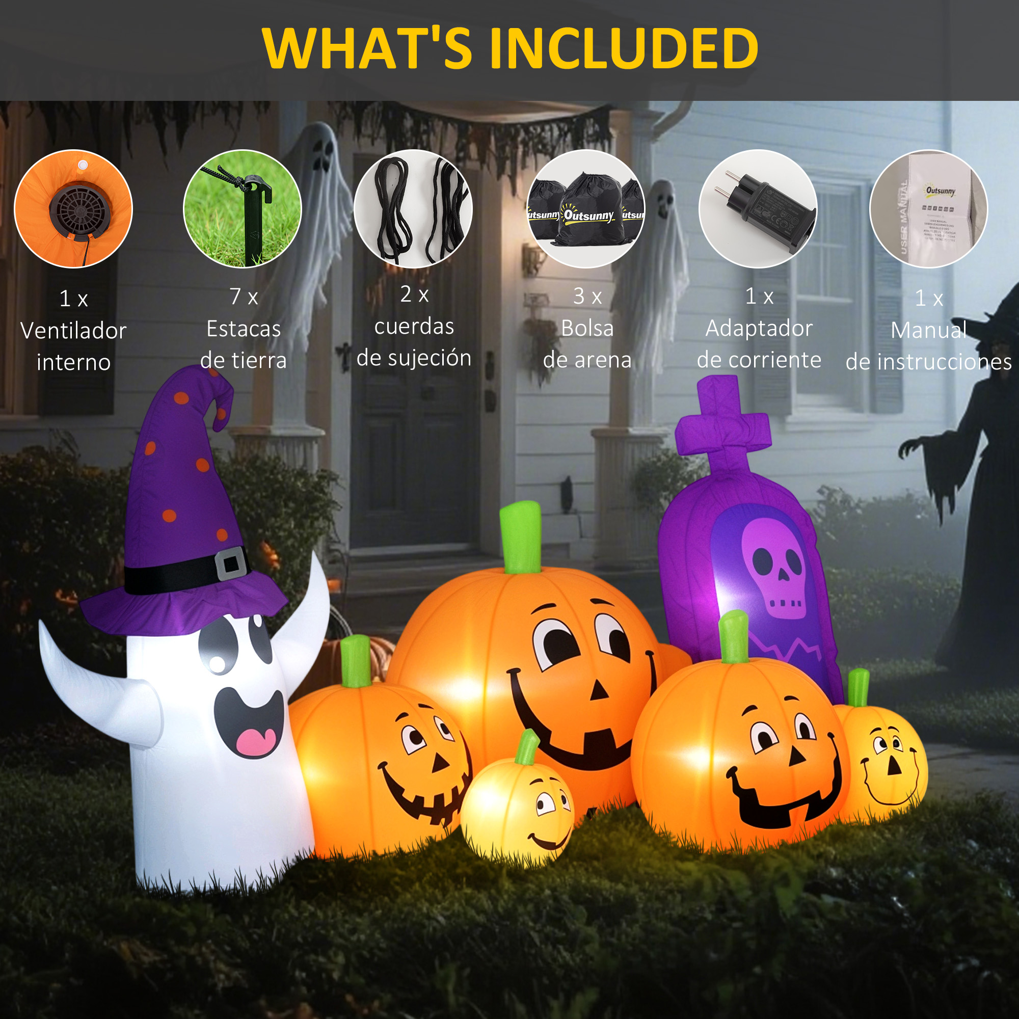 Decoración inflable de Halloween: fantasma, calabazas, lápida, accesorios.