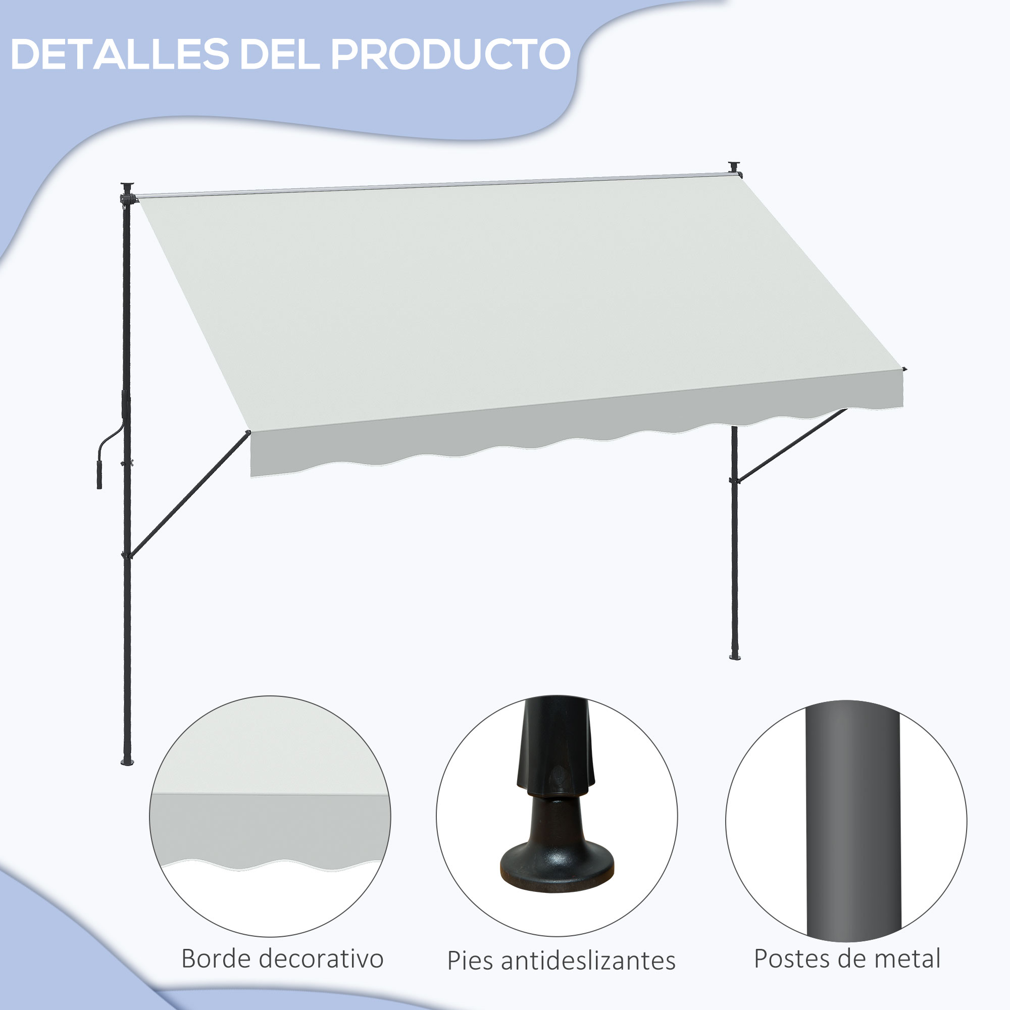 Un toldo gris claro con postes de metal y borde festoneado.
