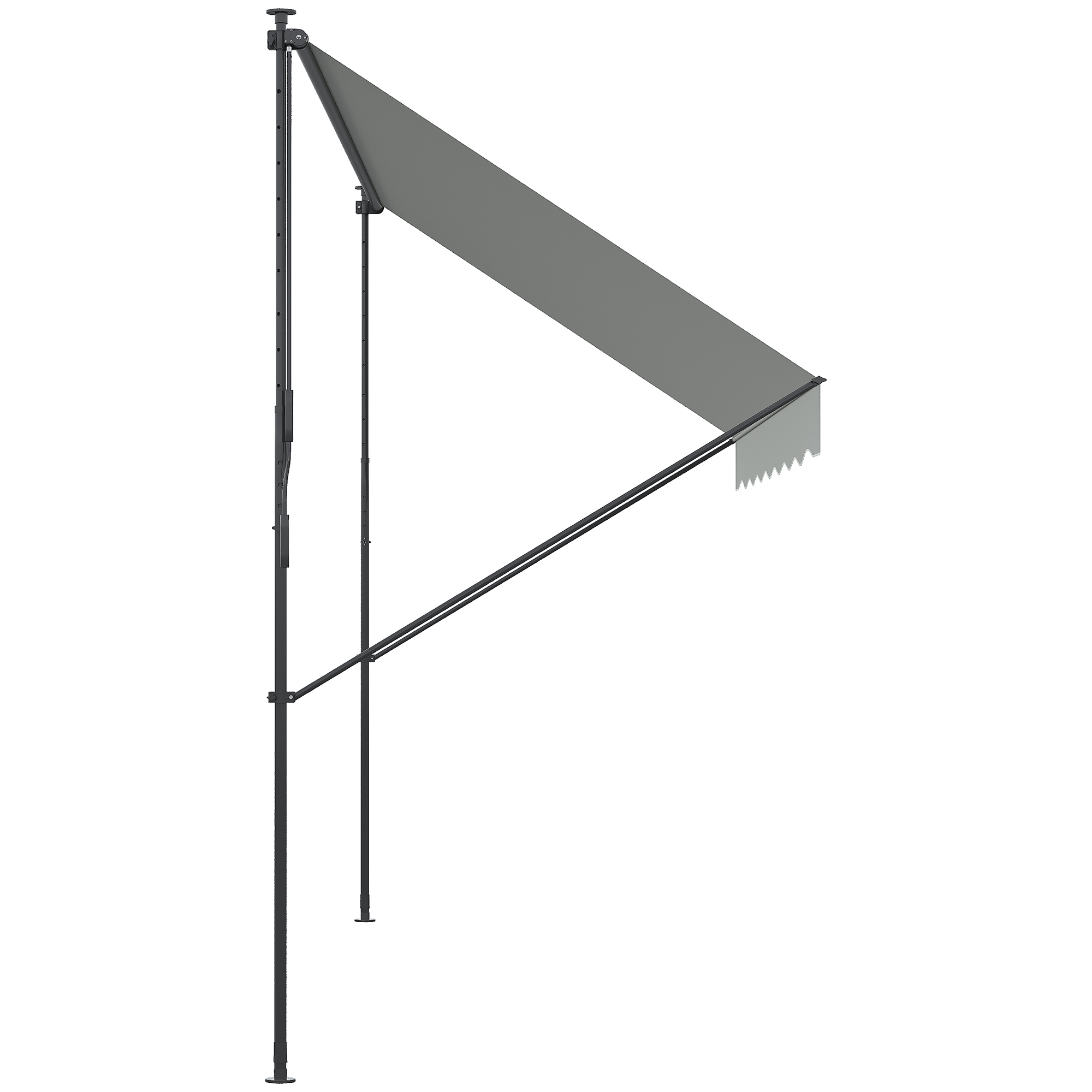 Tela de toldo gris sujeta por postes oscuros. Borde festoneado blanco abajo.