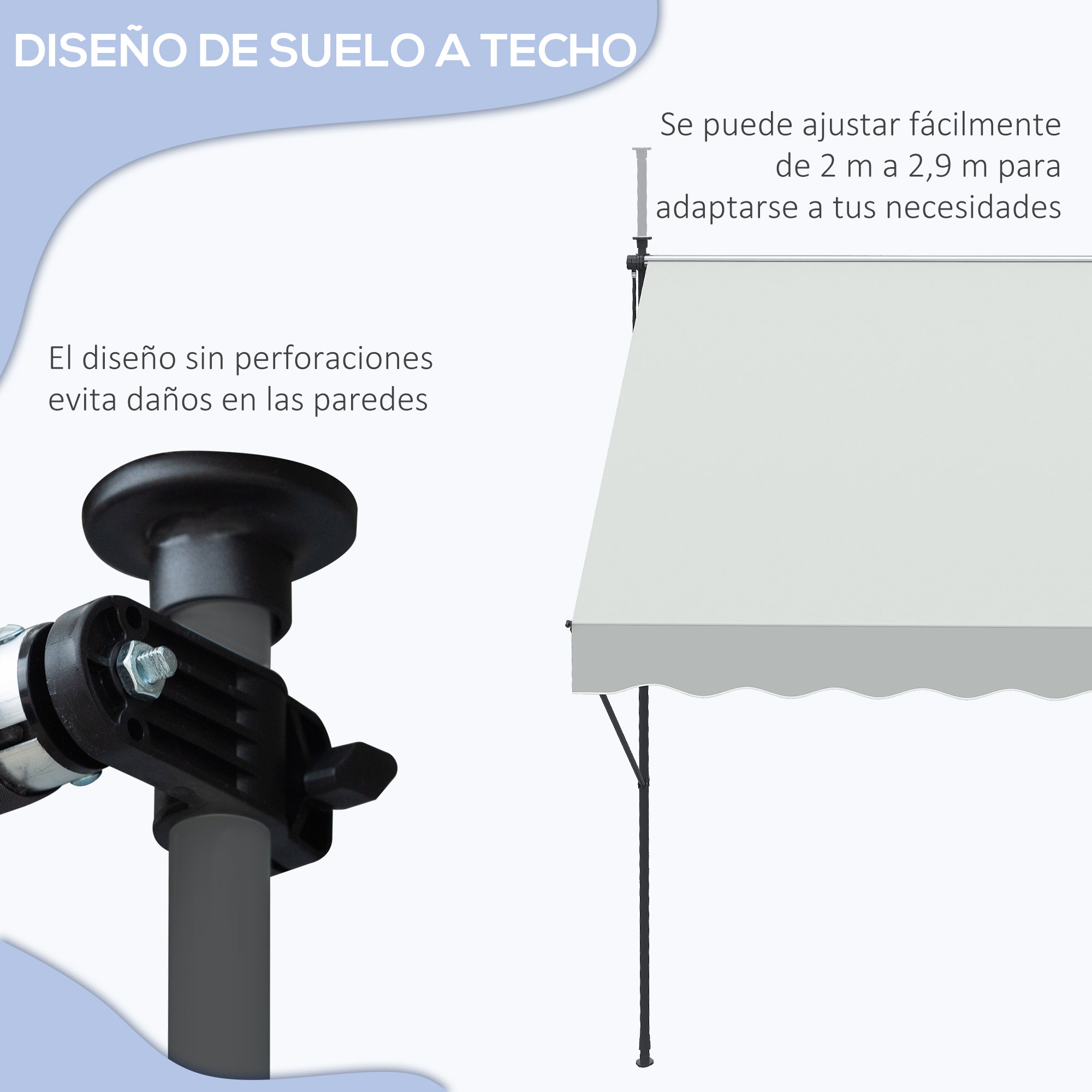 Diseño de suelo a techo. Ajustable 2-2,9m. Diseño sin taladro.