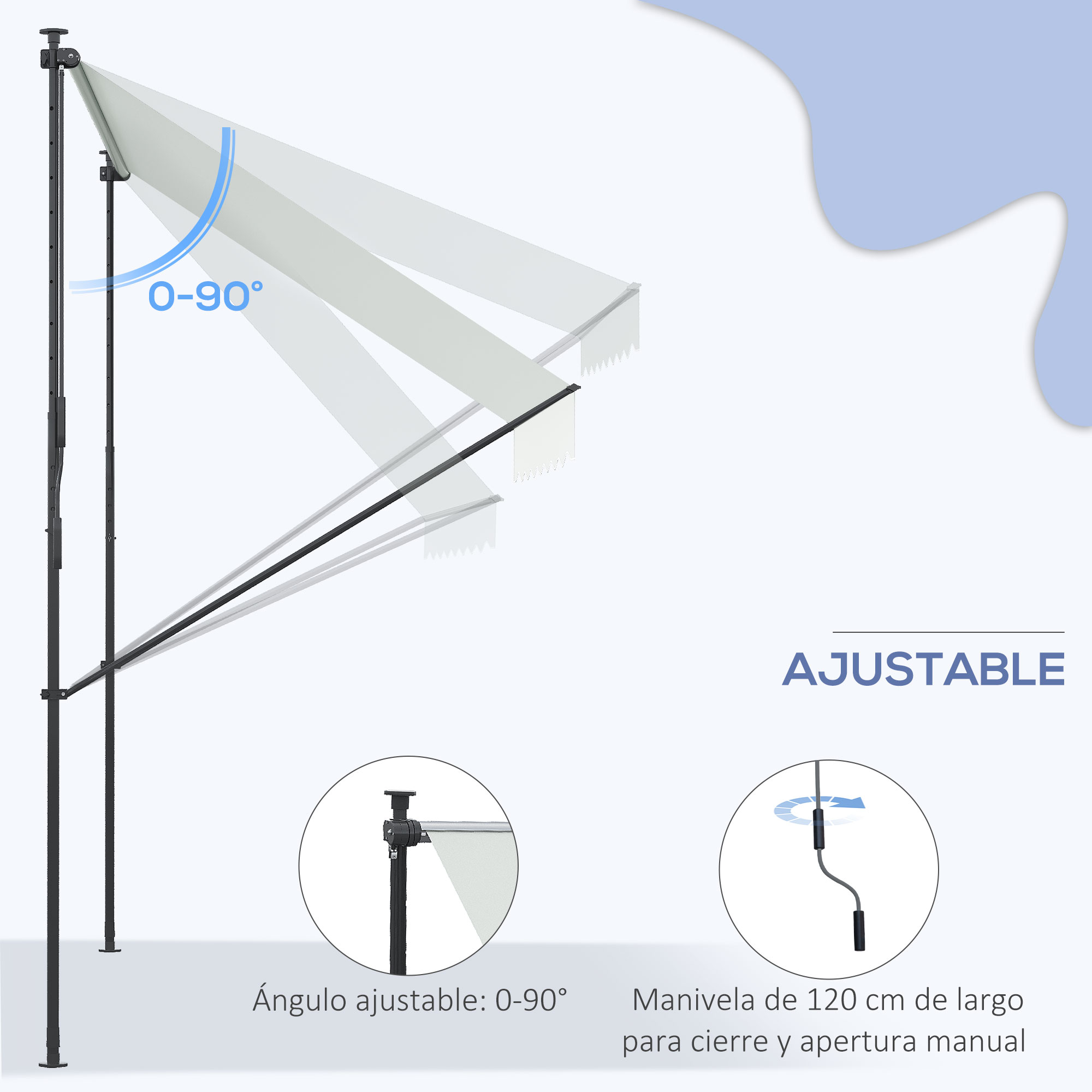 Toldo ajustable con ángulo de 0-90° y manivela.