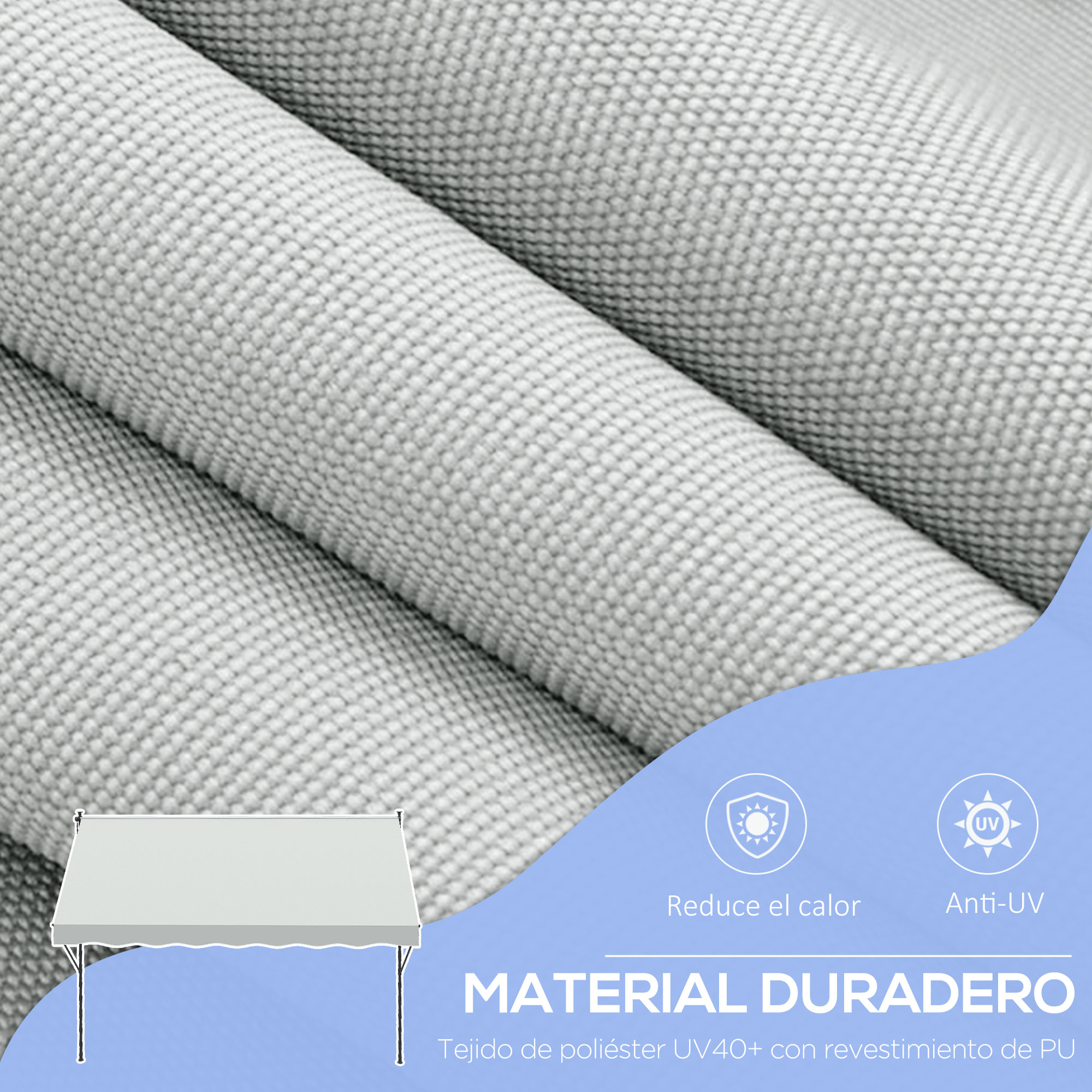 Tejido gris con capas enrolladas y una pequeña carpa blanca. Iconos muestran reducción de calor y protección UV.