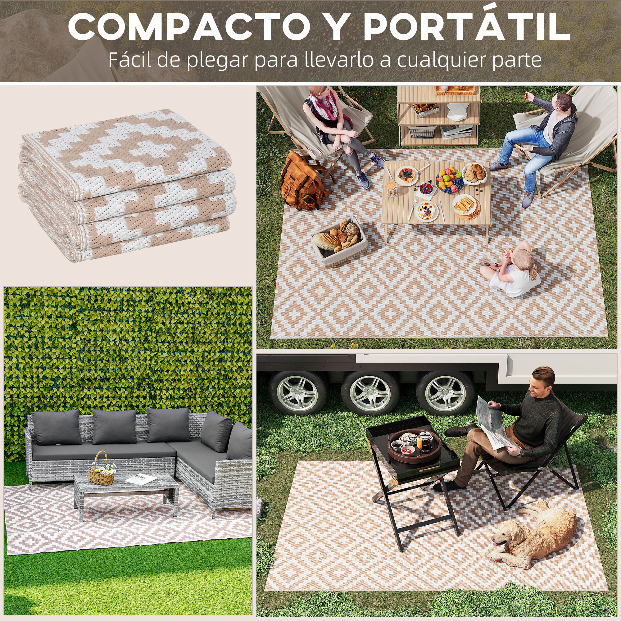 Esteras apiladas, picnic al aire libre, juego de salón y un hombre con perro.