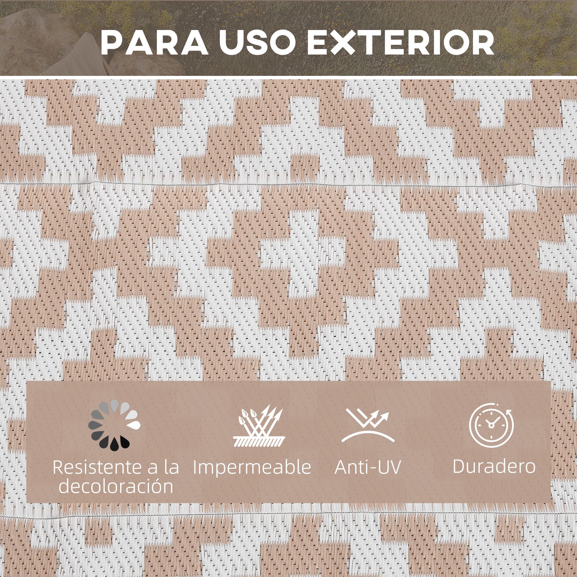 Alfombra de exterior con patrón geométrico beige y blanco, resistente.