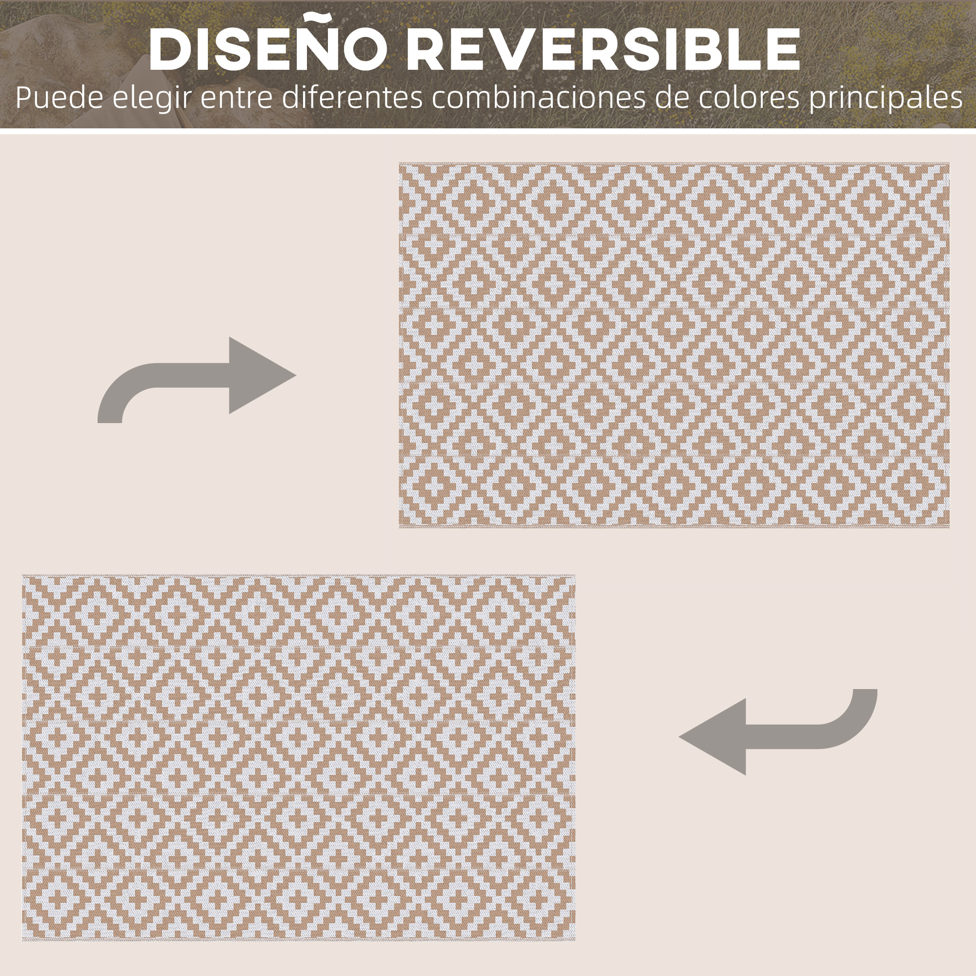Dos alfombras con patrón de diamantes en marrón y blanco, rodeadas por flechas.