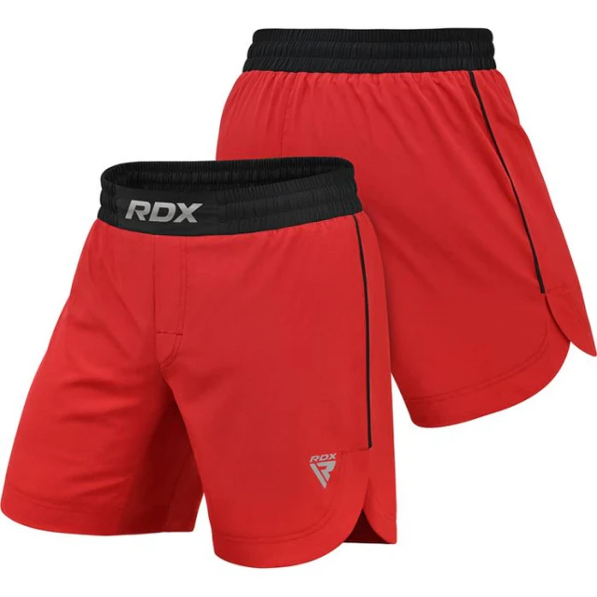 Deux shorts de combat RDX rouges avec ceinture noire, un devant, un derrière.