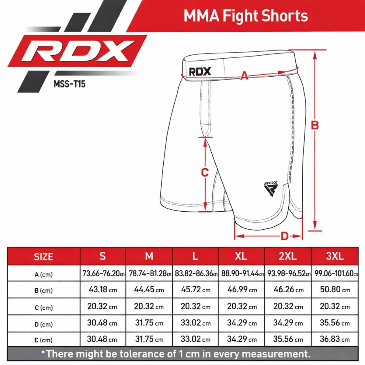 Tableau des tailles pour shorts de combat MMA indiquant les mesures A, B, C, D, et E en tailles variées.