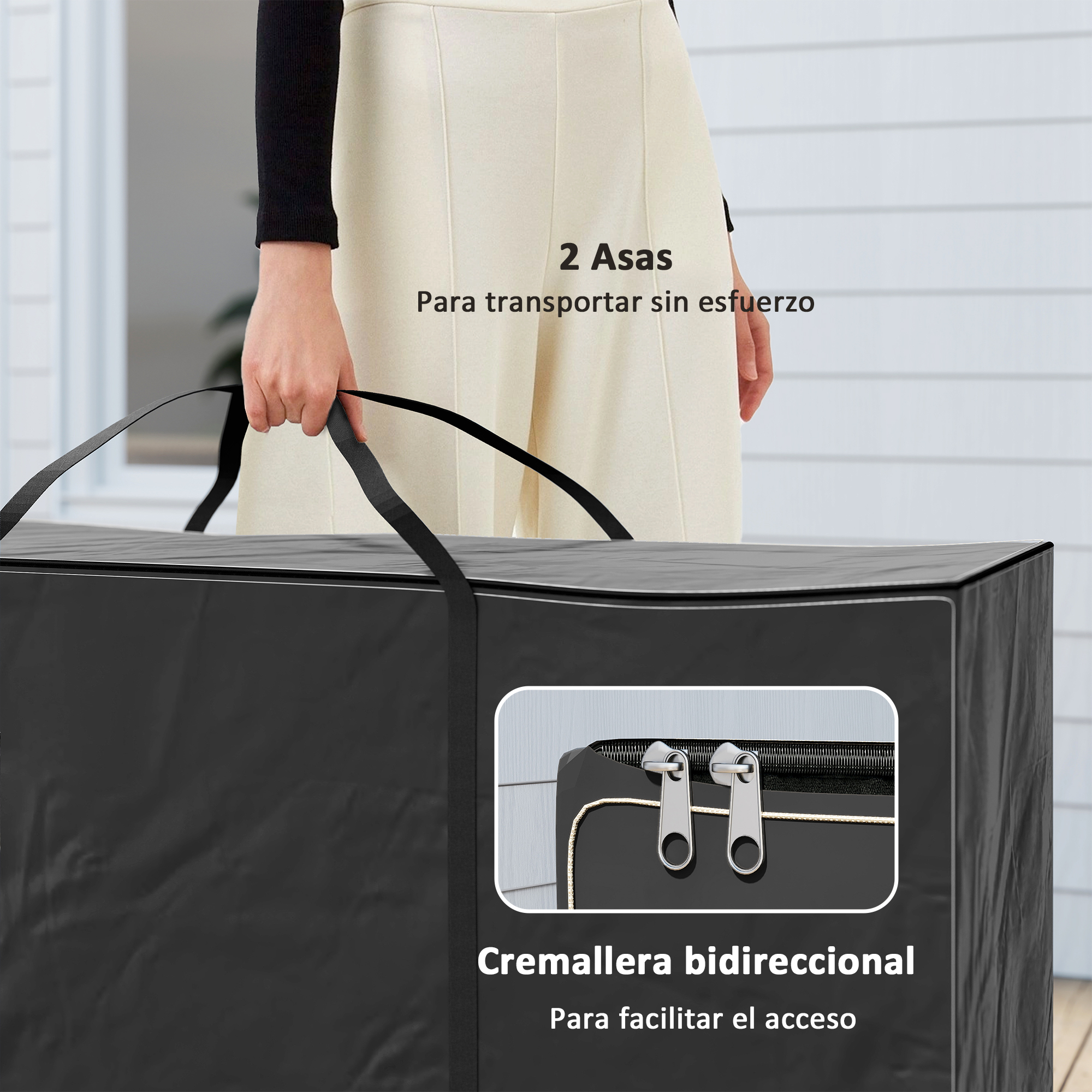 Bolsa de almacenamiento negra con dos asas y cierre de doble cremallera.