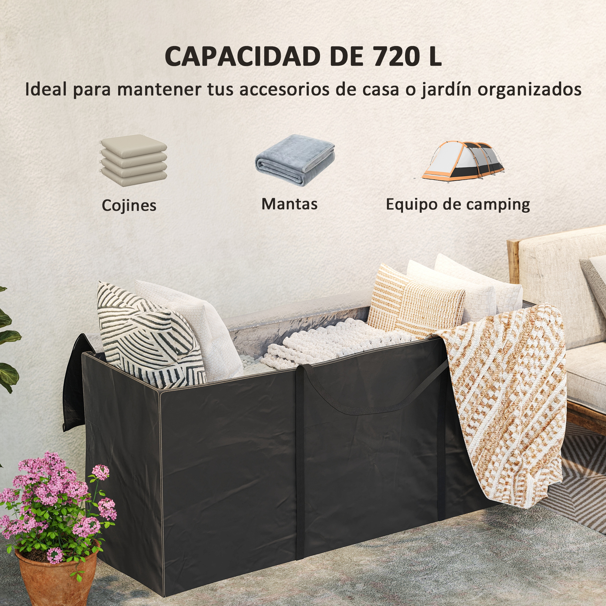 Contenedor negro de almacenamiento con cojines, mantas y equipo de camping.