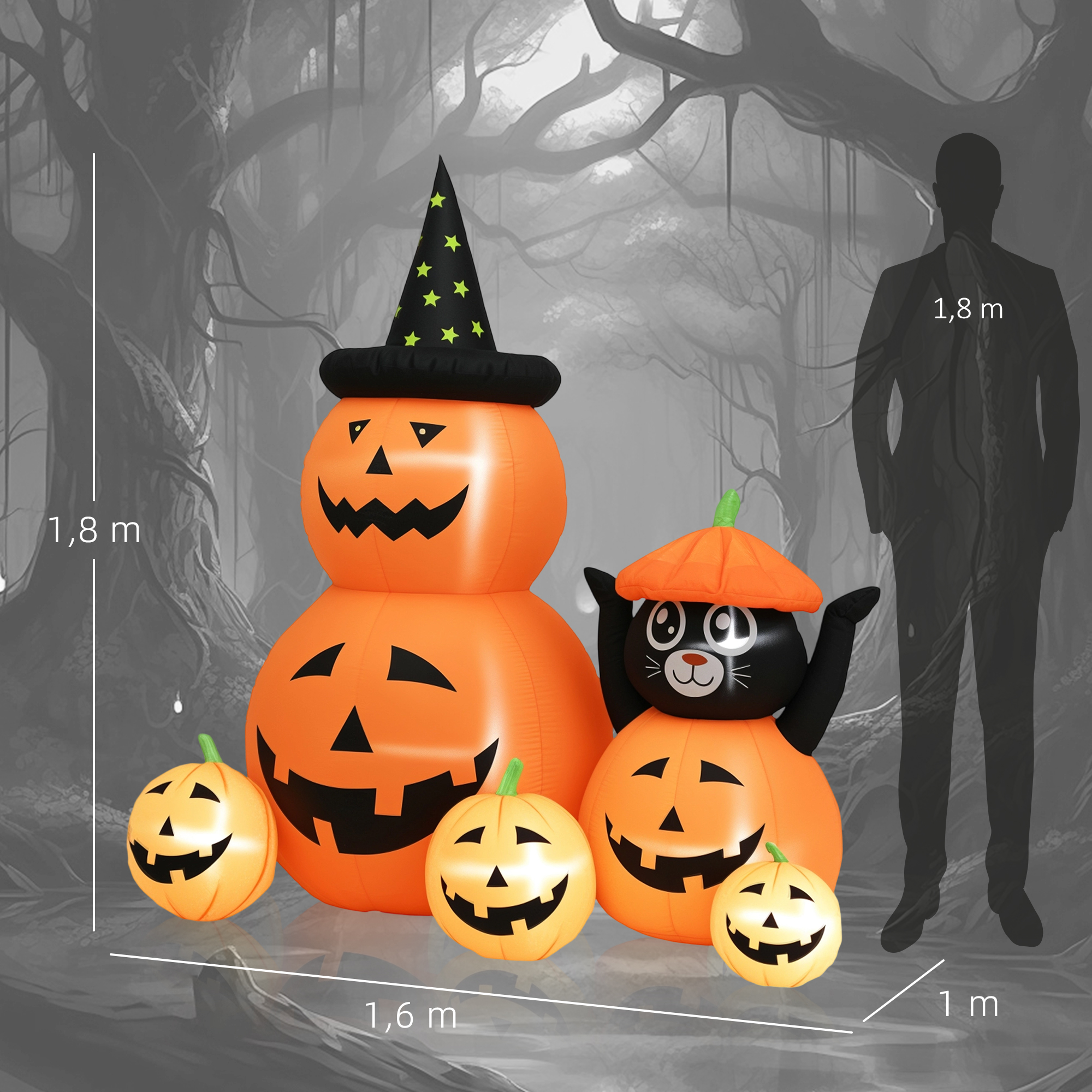 Pantalla inflable de Halloween con bruja de calabaza, gato negro y calabazas.