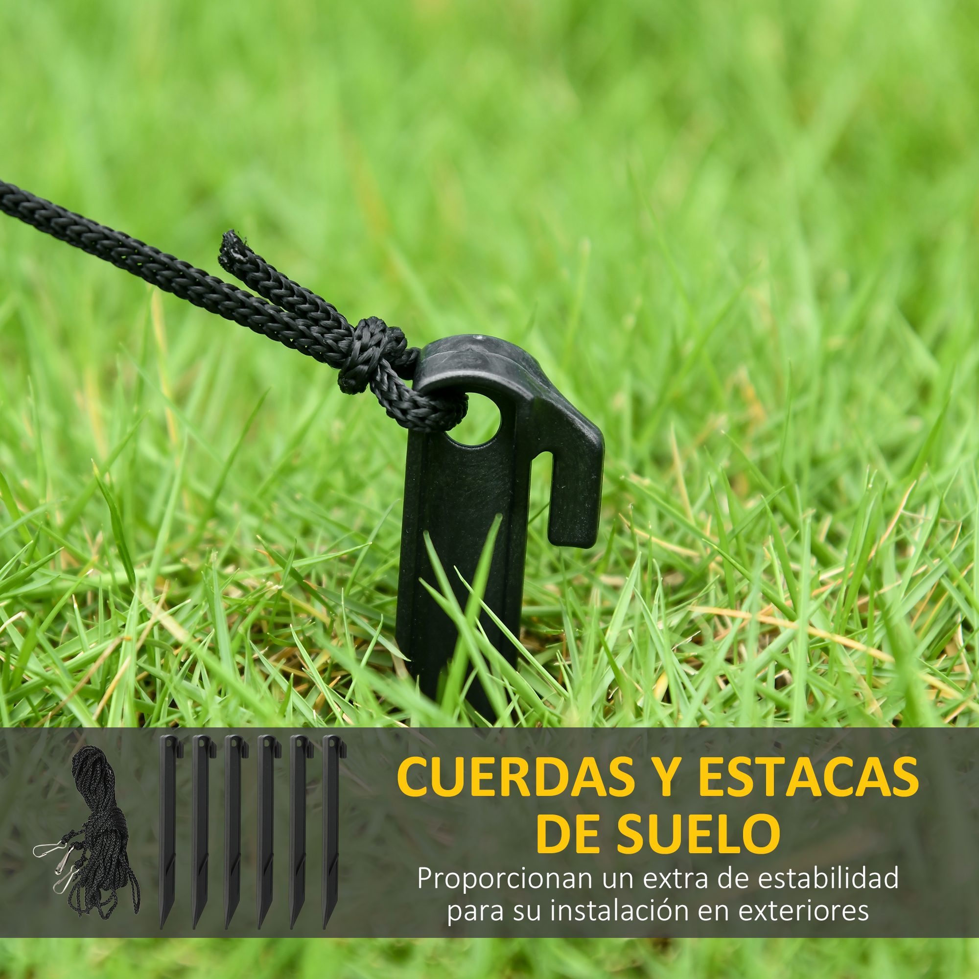 Cuerda y estacas negras en el césped, para mayor estabilidad exterior.
