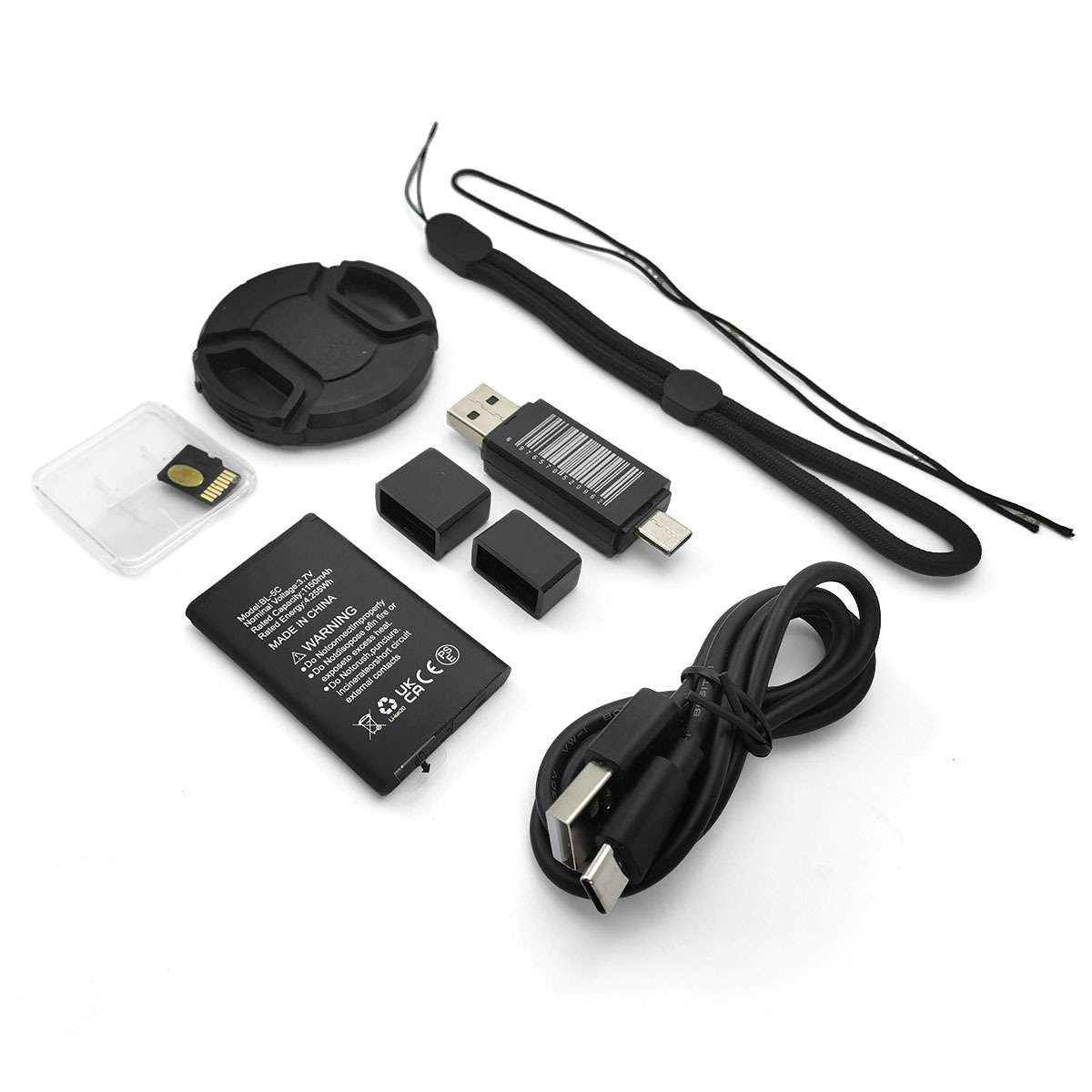 Bateria smartfona, uchwyt karty SIM, czytnik kart USB, zatyczki, kabel ładujący i smycz na nadgarstek.