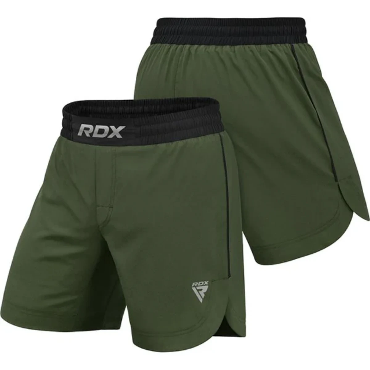 Deux shorts RDX vert olive avec ceinture noire, vue de face et de dos.