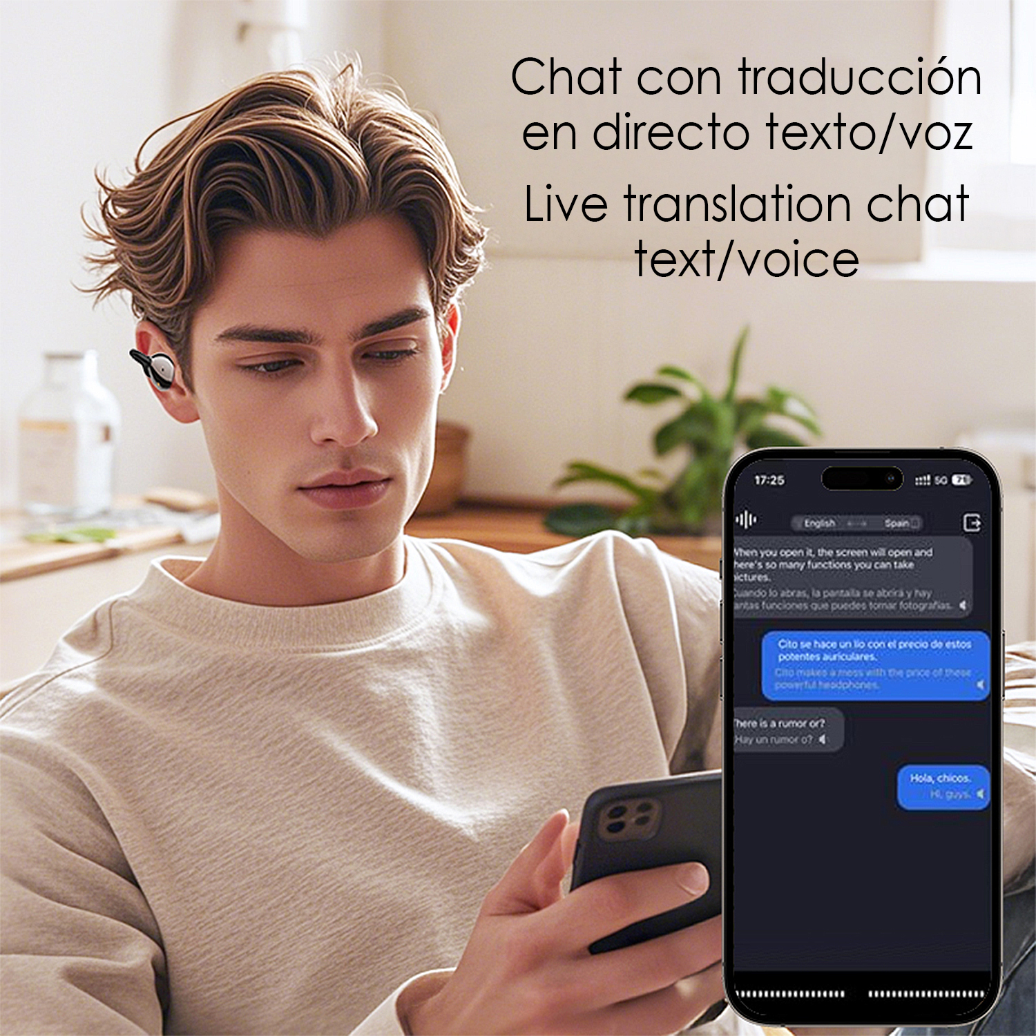 Mann hält Smartphone mit Chat-Übersetzungs-App, Kopfhörer im Ohr.