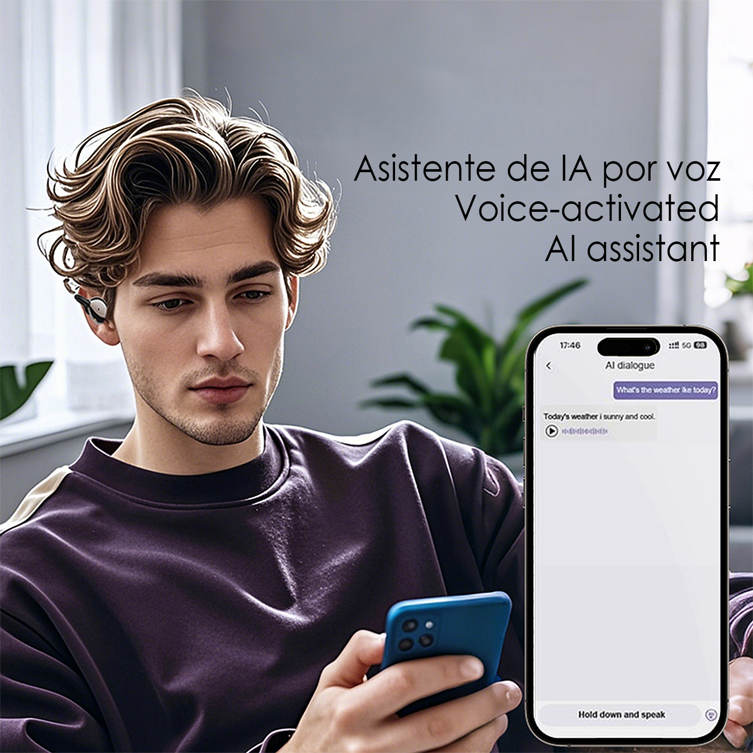 Ein Mann mit Ohrhörern hält ein Smartphone und interagiert mit einem KI-Assistenten.