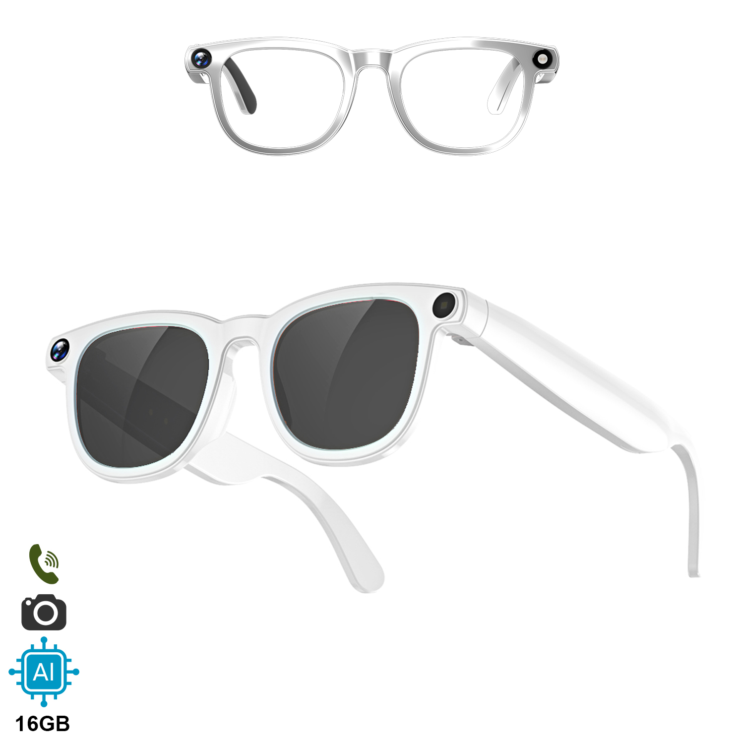 Occhiali smart bianchi con telecamere. Include icone chiamata, fotocamera, AI, 16GB.