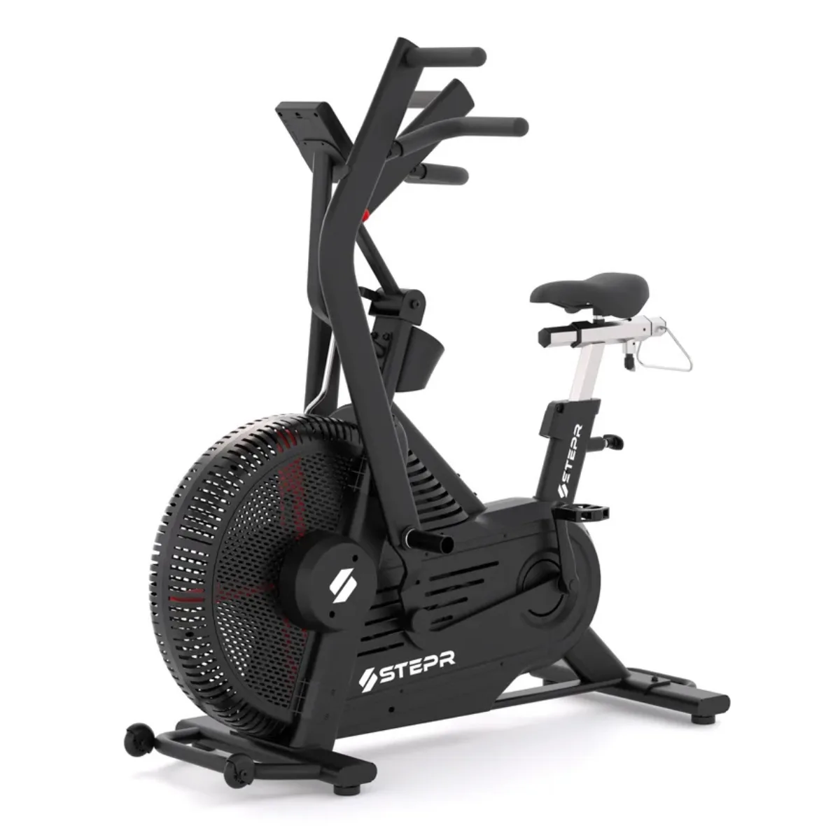 Zwart hometrainer met groot ventilatorwiel en zadel.