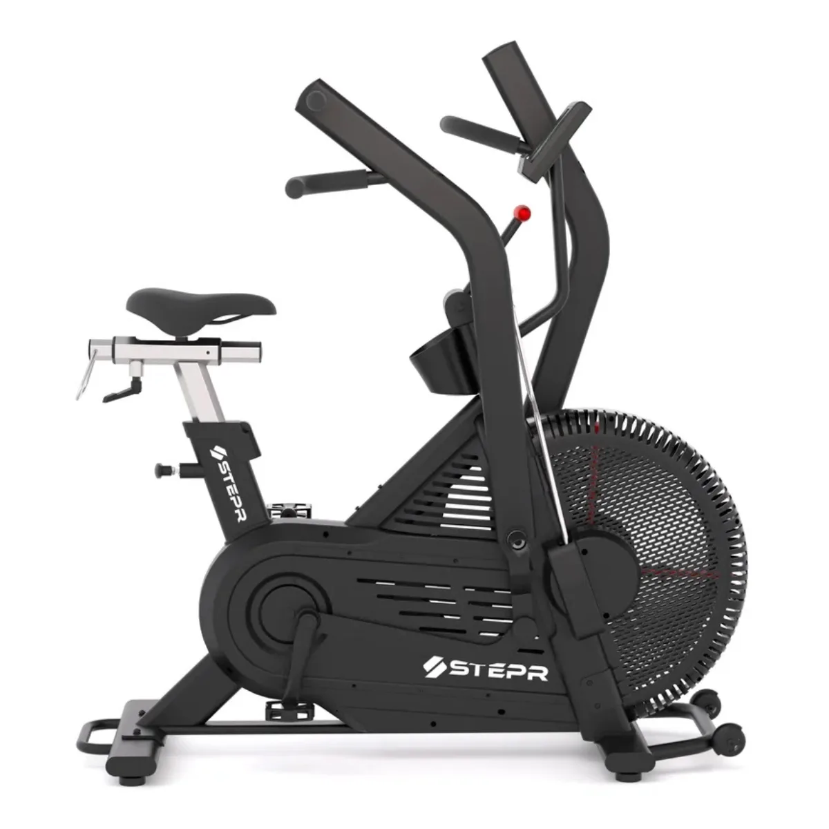 Zwart hometrainer met zadel, stuur en groot ventilatorwiel.