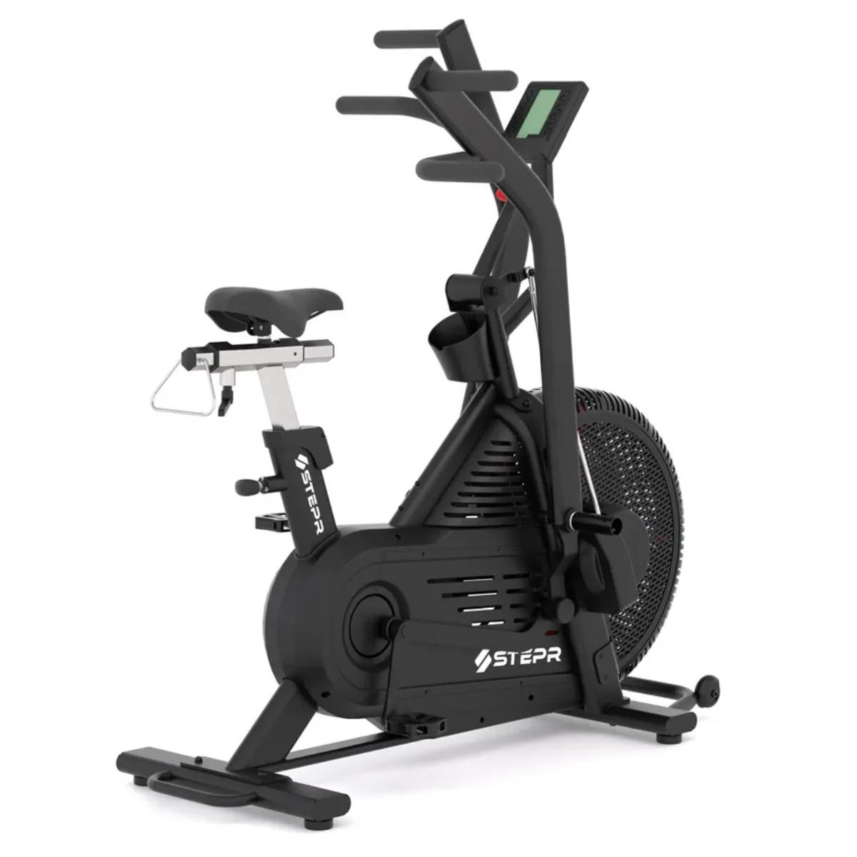Zwart hometrainer met ventilatorwiel en display.