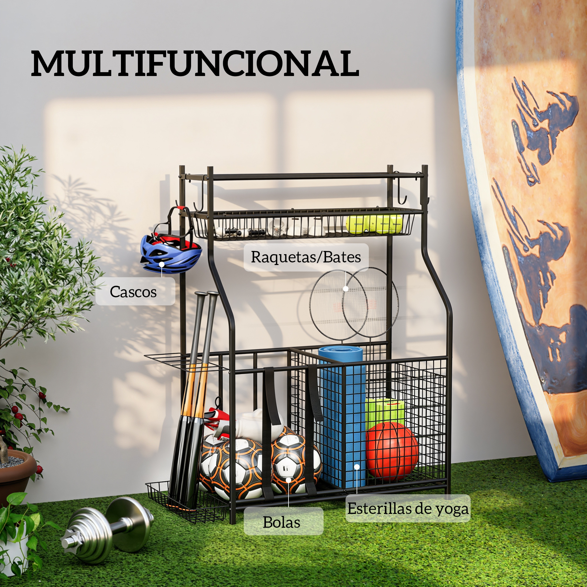 Estante deportivo con cascos, bates, pelotas, esterillas de yoga, tabla de surf y pesa.