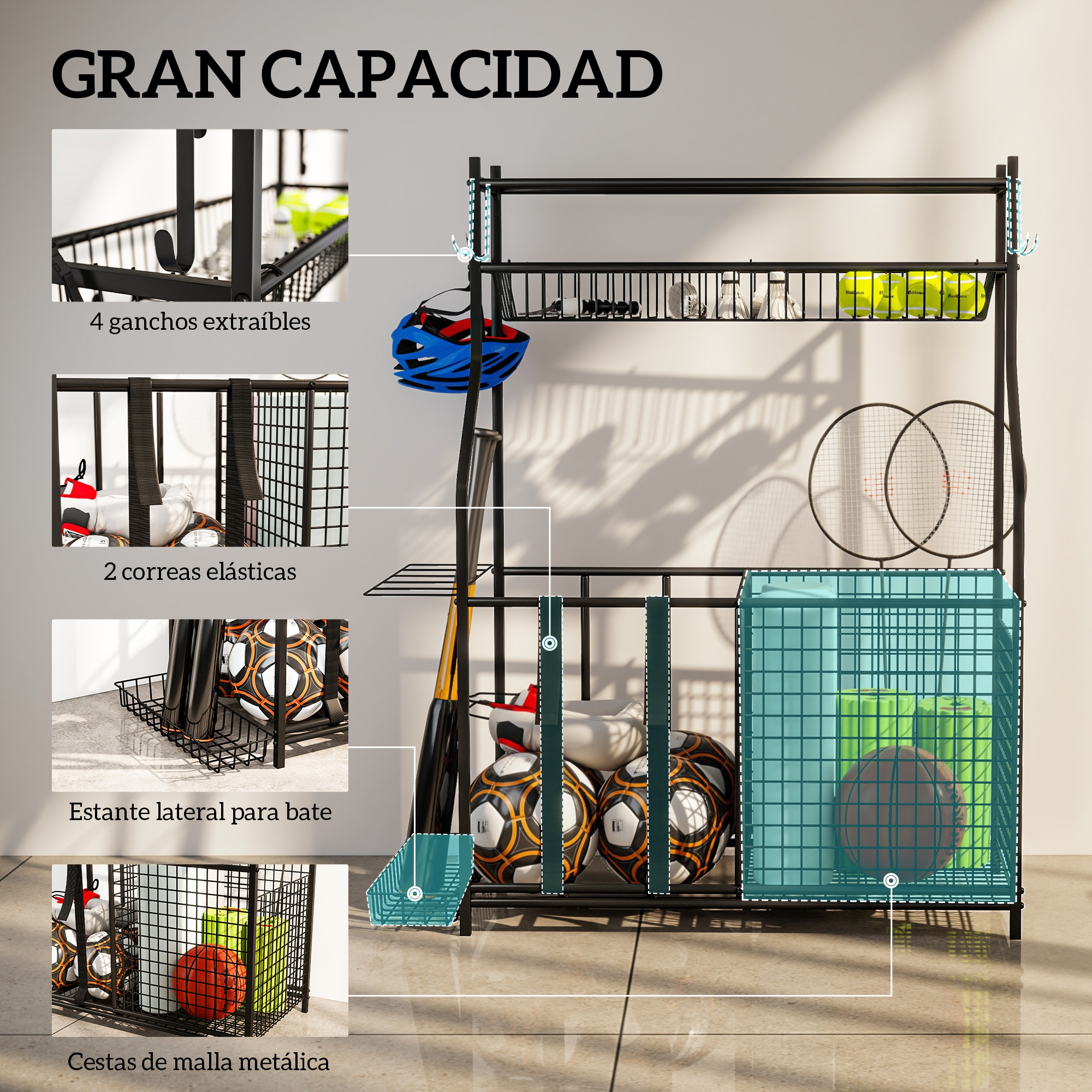 Un estante negro con equipamiento deportivo como balones, raquetas y casco.
