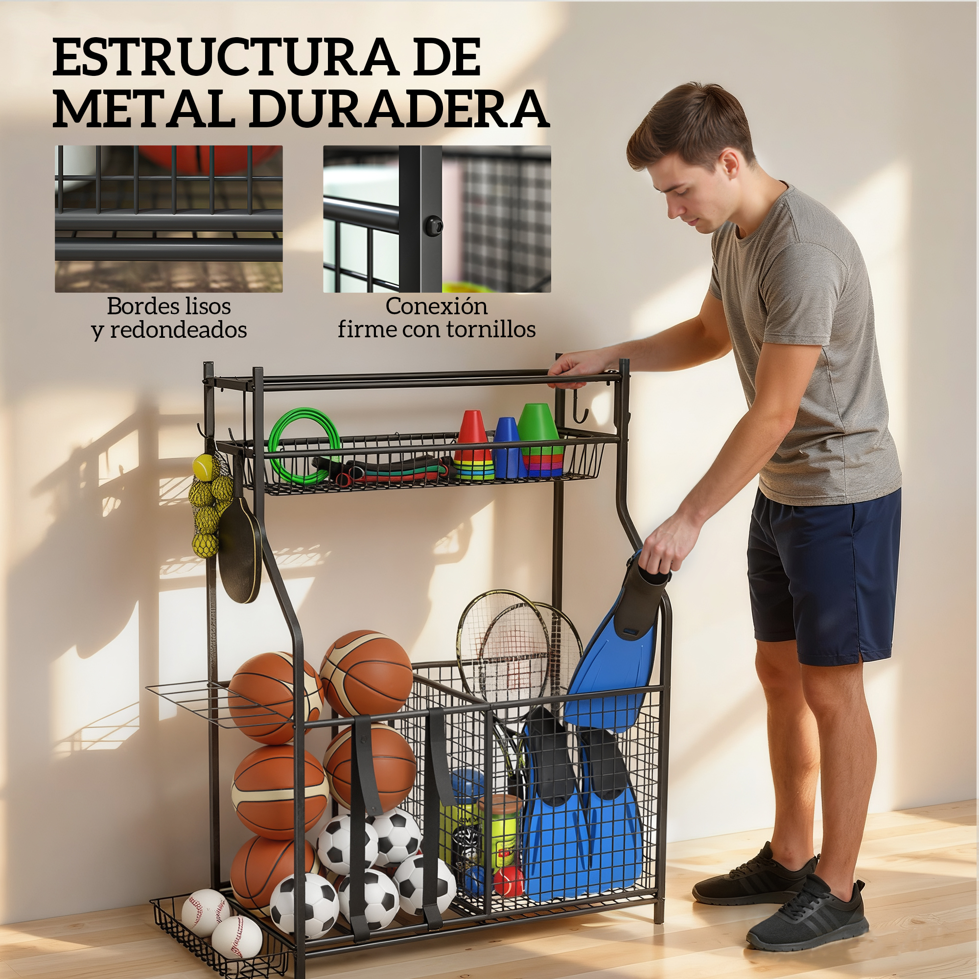 Un hombre organiza equipo deportivo en un estante negro, incluyendo balones y aletas.