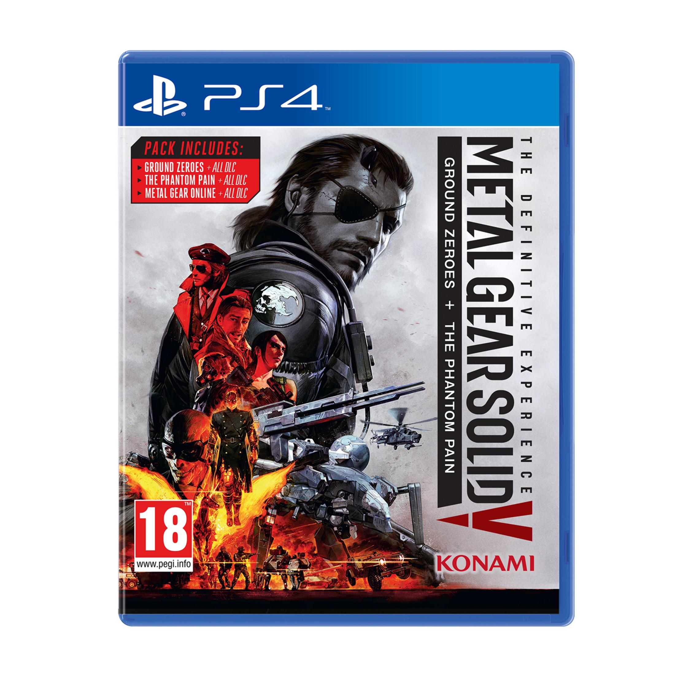 Custodia gioco PS4 Metal Gear Solid V con personaggi, veicoli ed elicotteri.