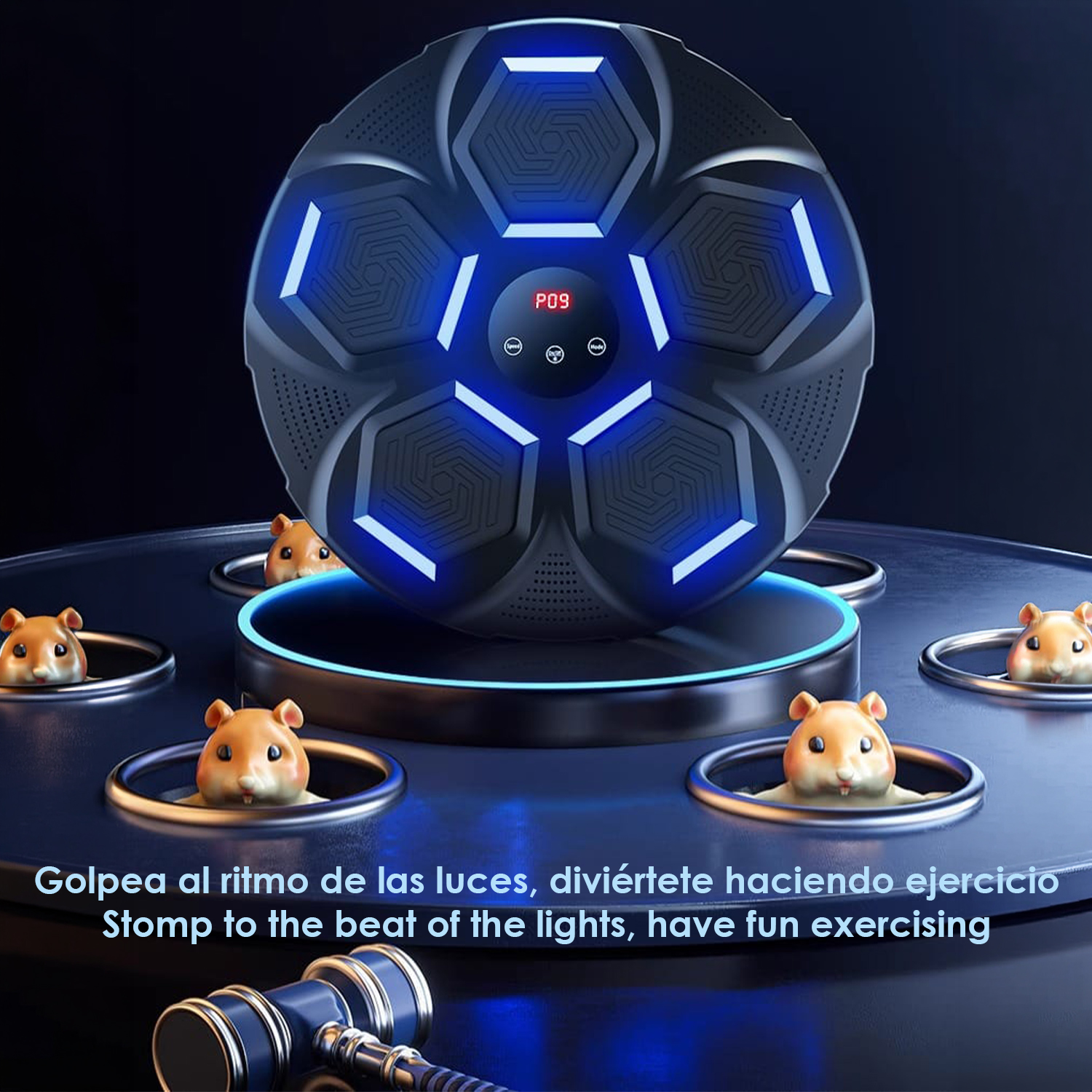 Gioco interattivo con luci luminose e figure di criceti.