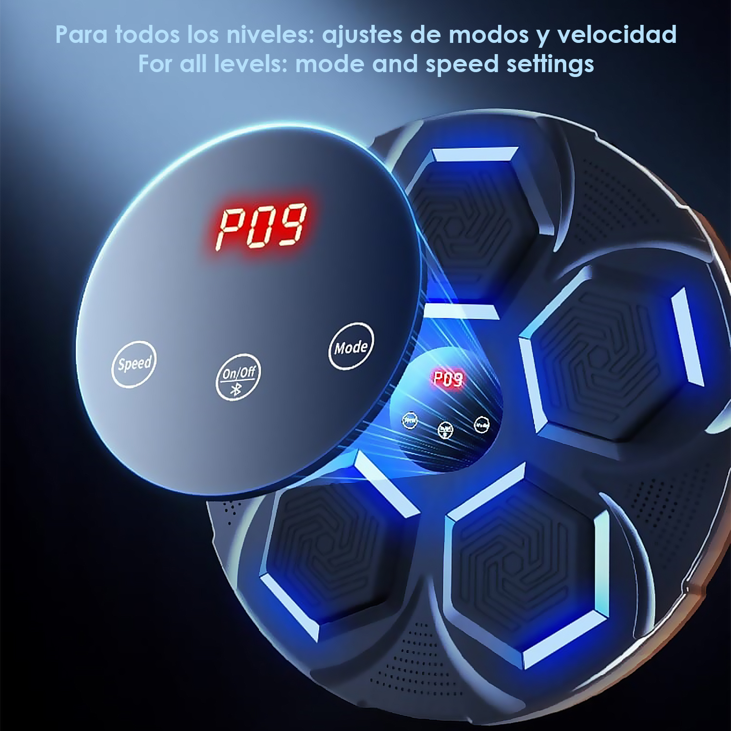 Un dispositivo con esagoni illuminati e display digitale "P09".