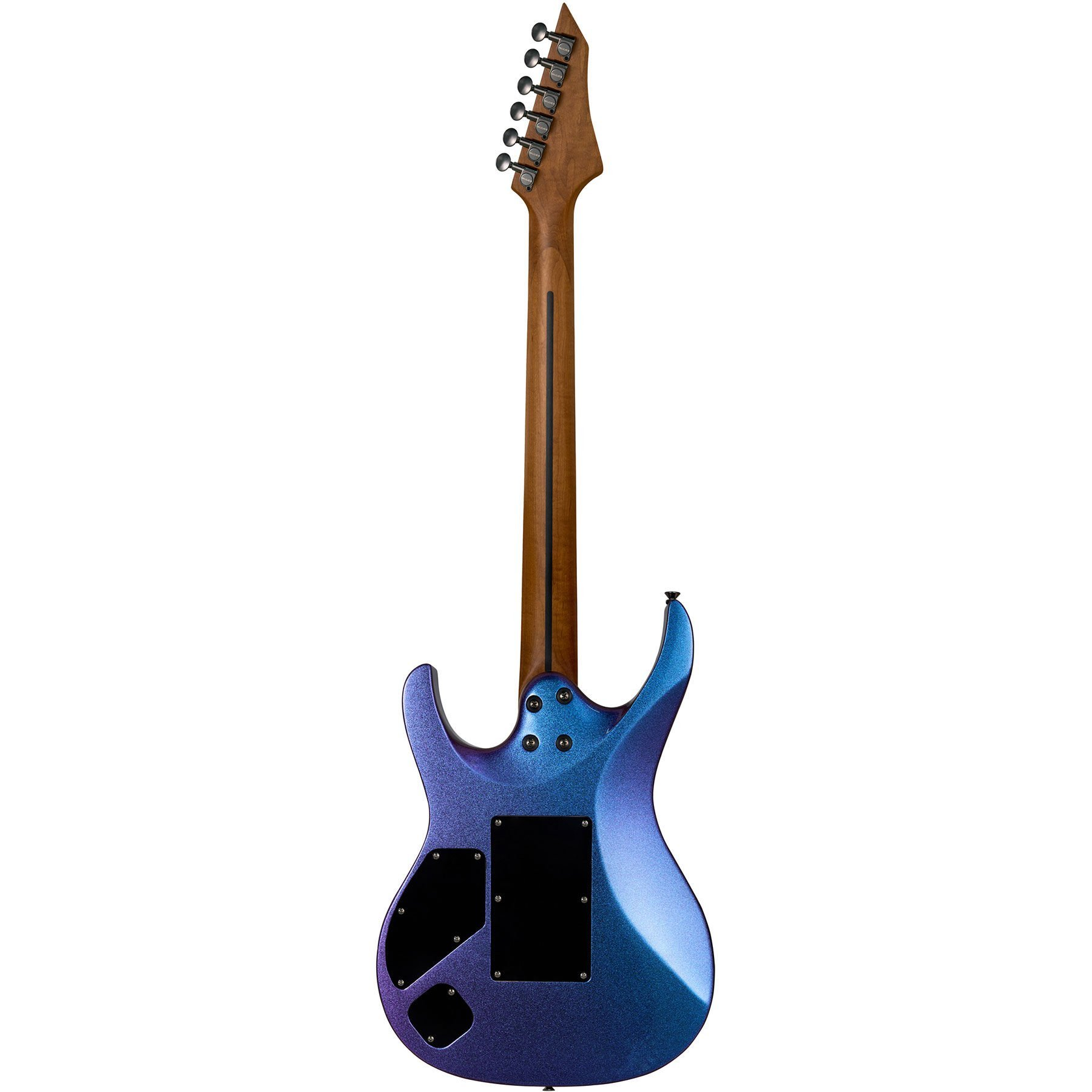 Achterkant van een elektrische gitaar met blauw-paarse metallic afwerking en houten hals.