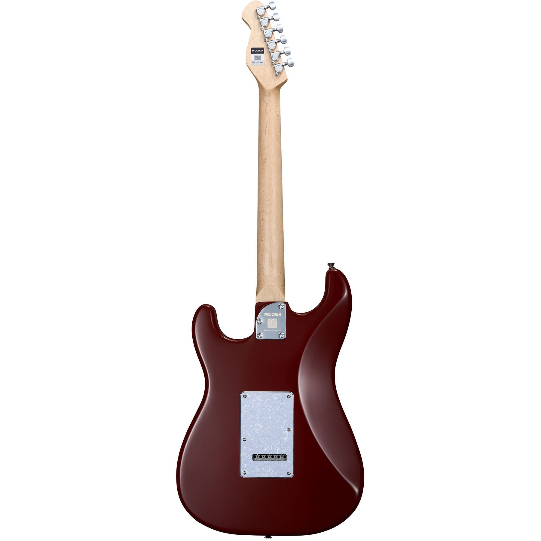 Dört telli, gümüş burgulu koyu kırmızı elektro gitarın arka görünümü.