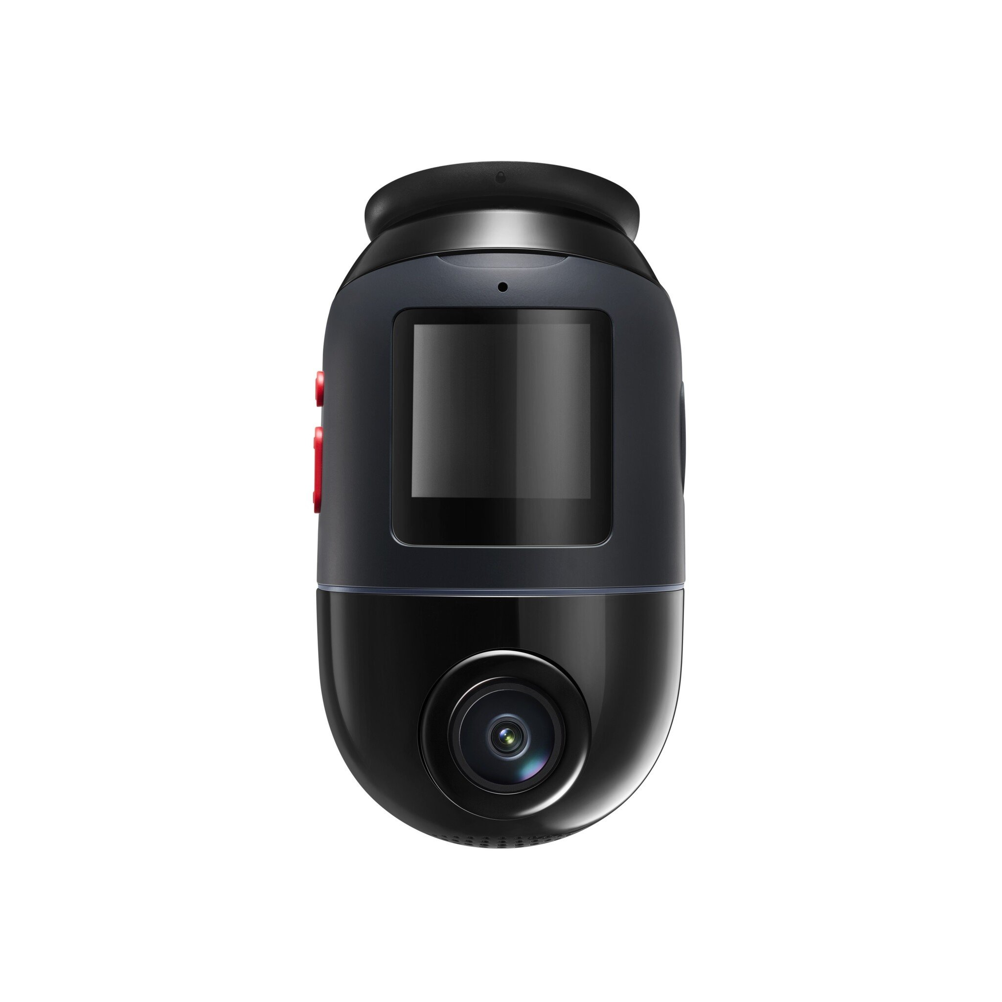 Una dashcam nera con schermo e obiettivo.