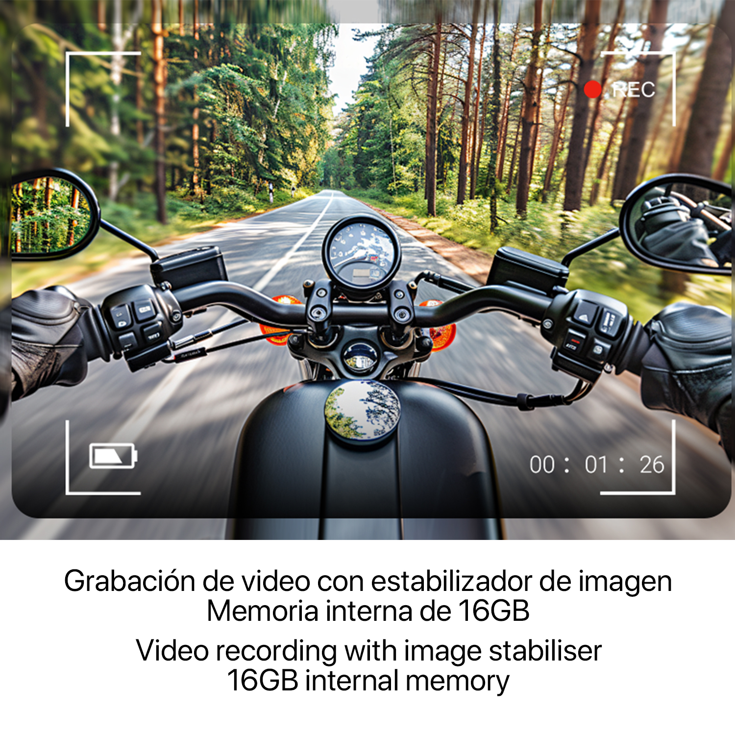 POV motociclista: Strada attraverso foresta, indicatore REC, tempo 00:01:26.