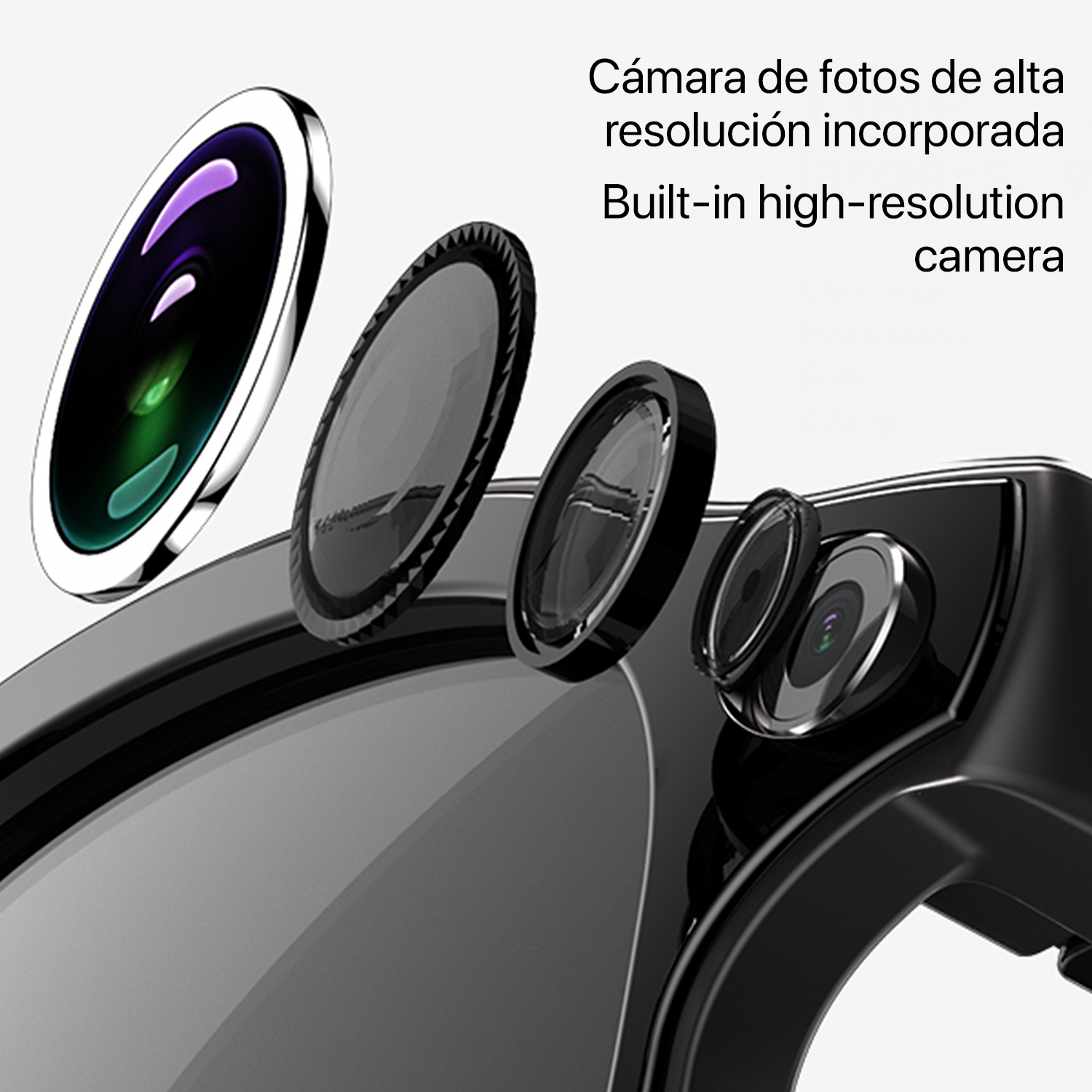 Vista esplosa di una fotocamera integrata ad alta risoluzione con più obiettivi.