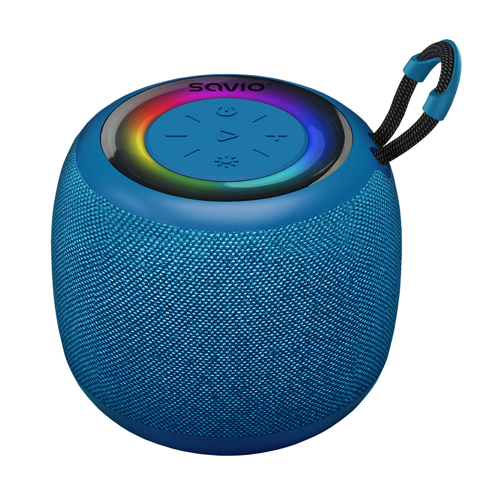 Niebieski głośnik przenośny z kolorowym pierścieniem świetlnym i materiałowym uchwytem.