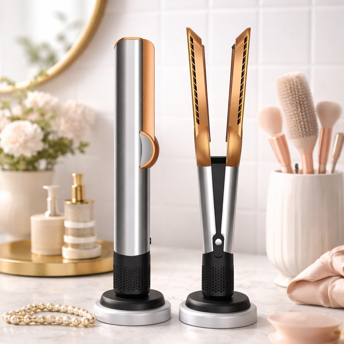 Dos planchas de pelo plateadas y cobrizas sobre un tocador con cosméticos.