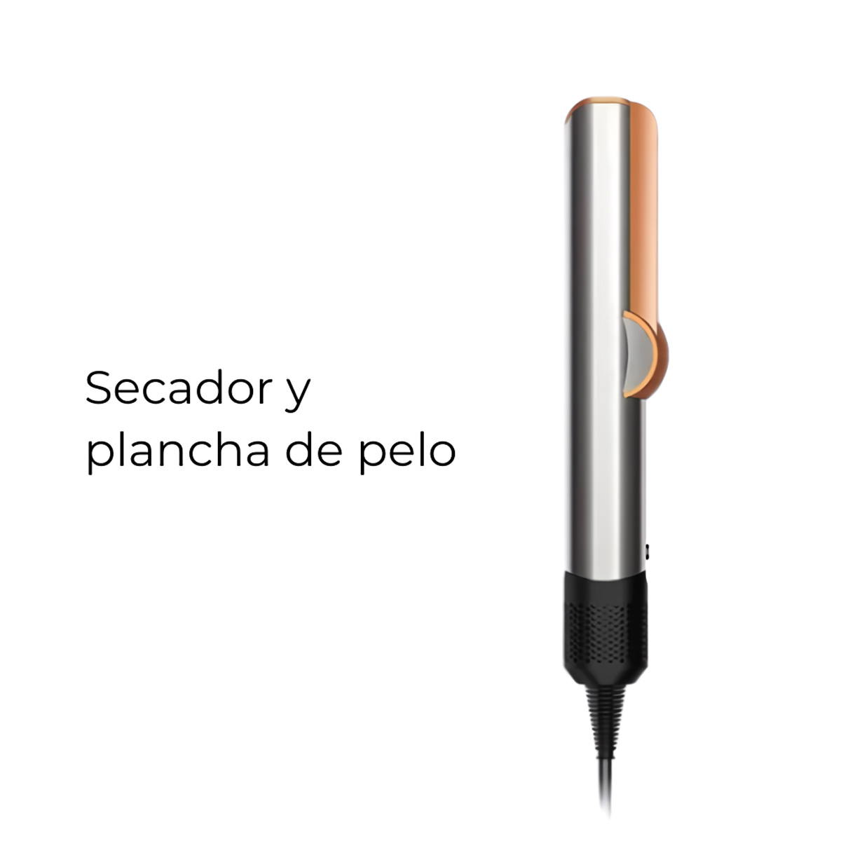 Un secador y plancha de pelo plateados con detalles en cobre.