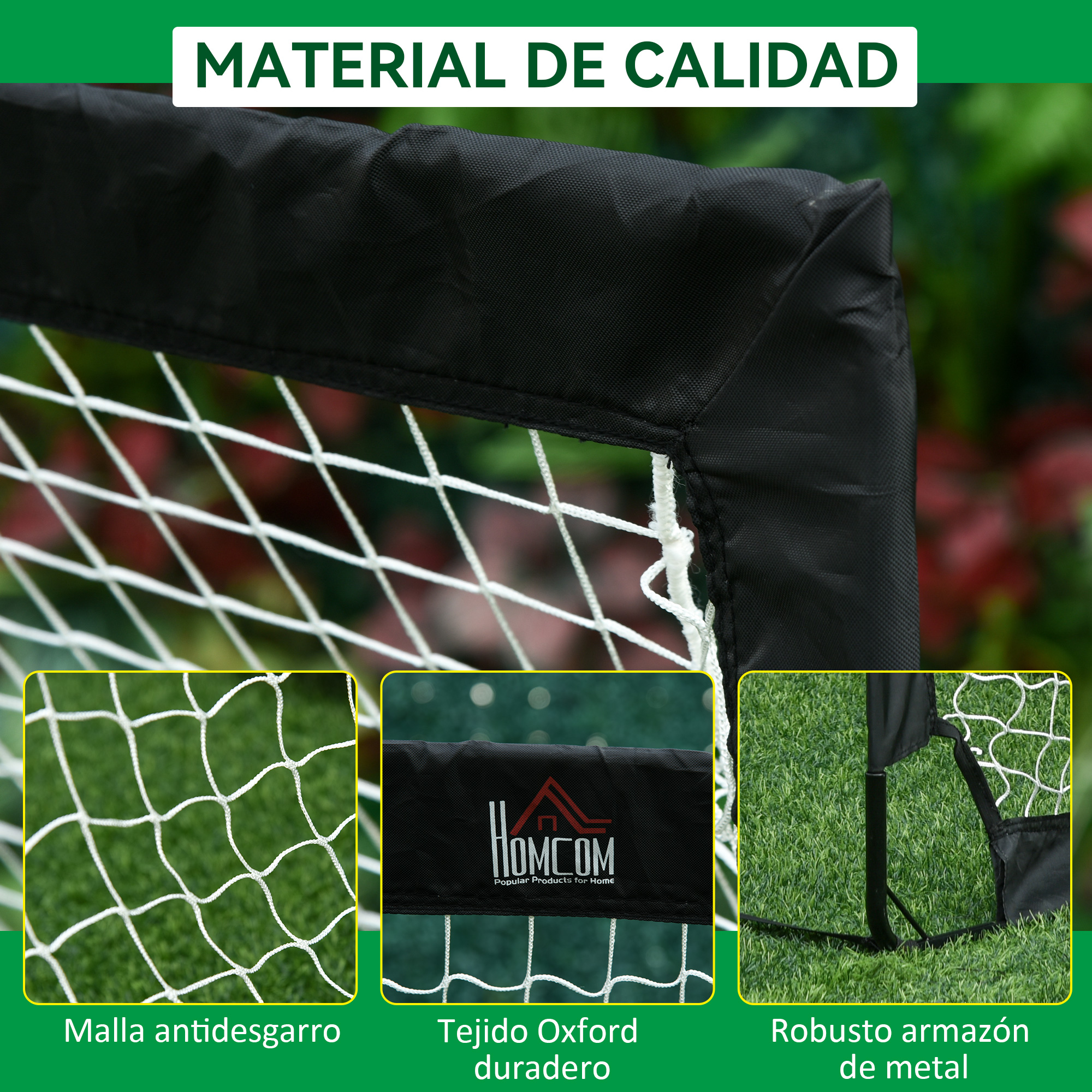 Primer plano de una portería de fútbol con red blanca, tela negra y marco de metal.