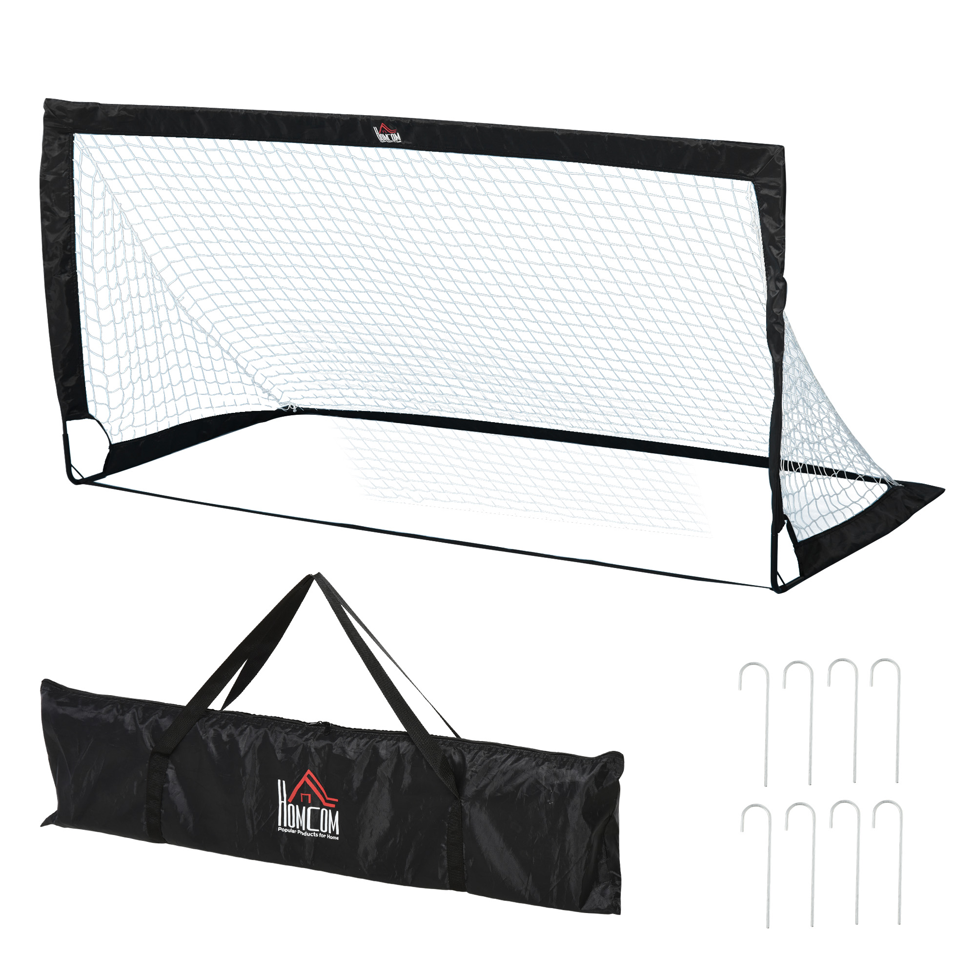 Portería de fútbol portátil con marco negro, red blanca, bolsa de transporte y estacas.