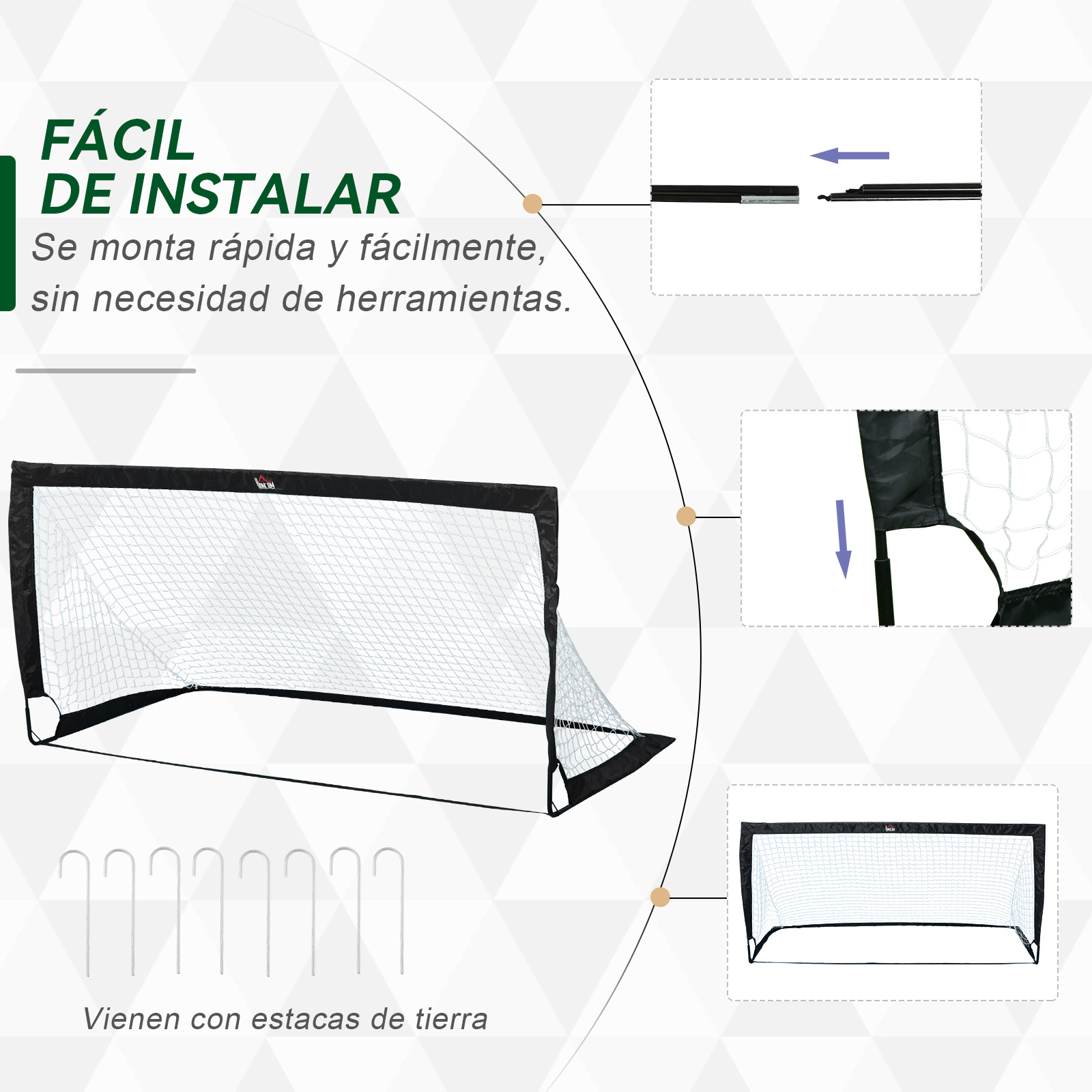 Una portería de fútbol plegable con red y estacas, fácil de montar.