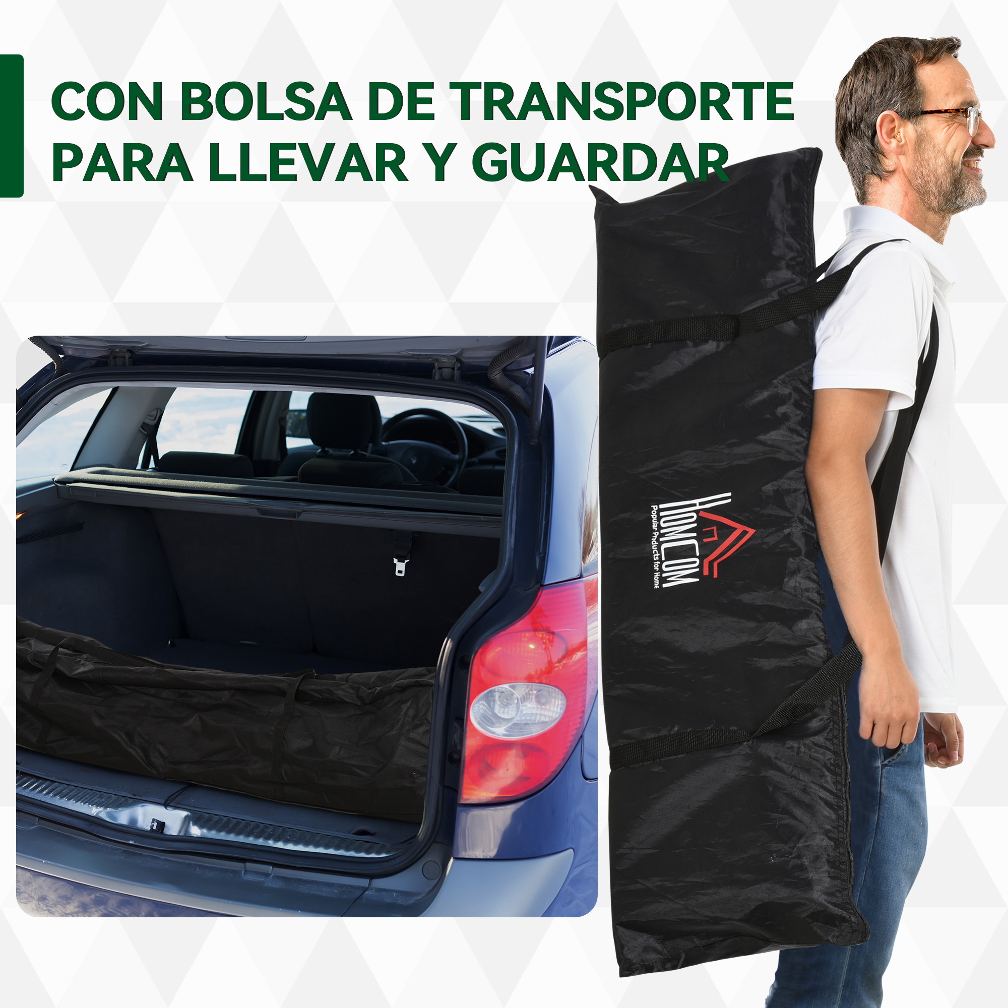Hombre con bolsa negra, maletero de coche abierto con bolsa dentro.