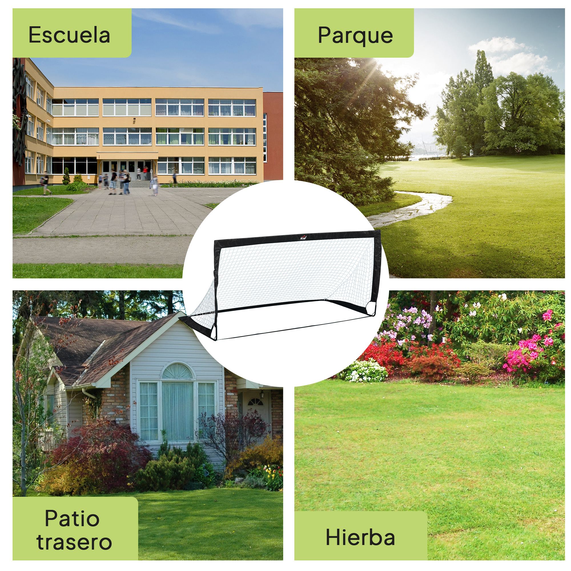 Colage muestra una escuela, un parque, una casa y césped.
